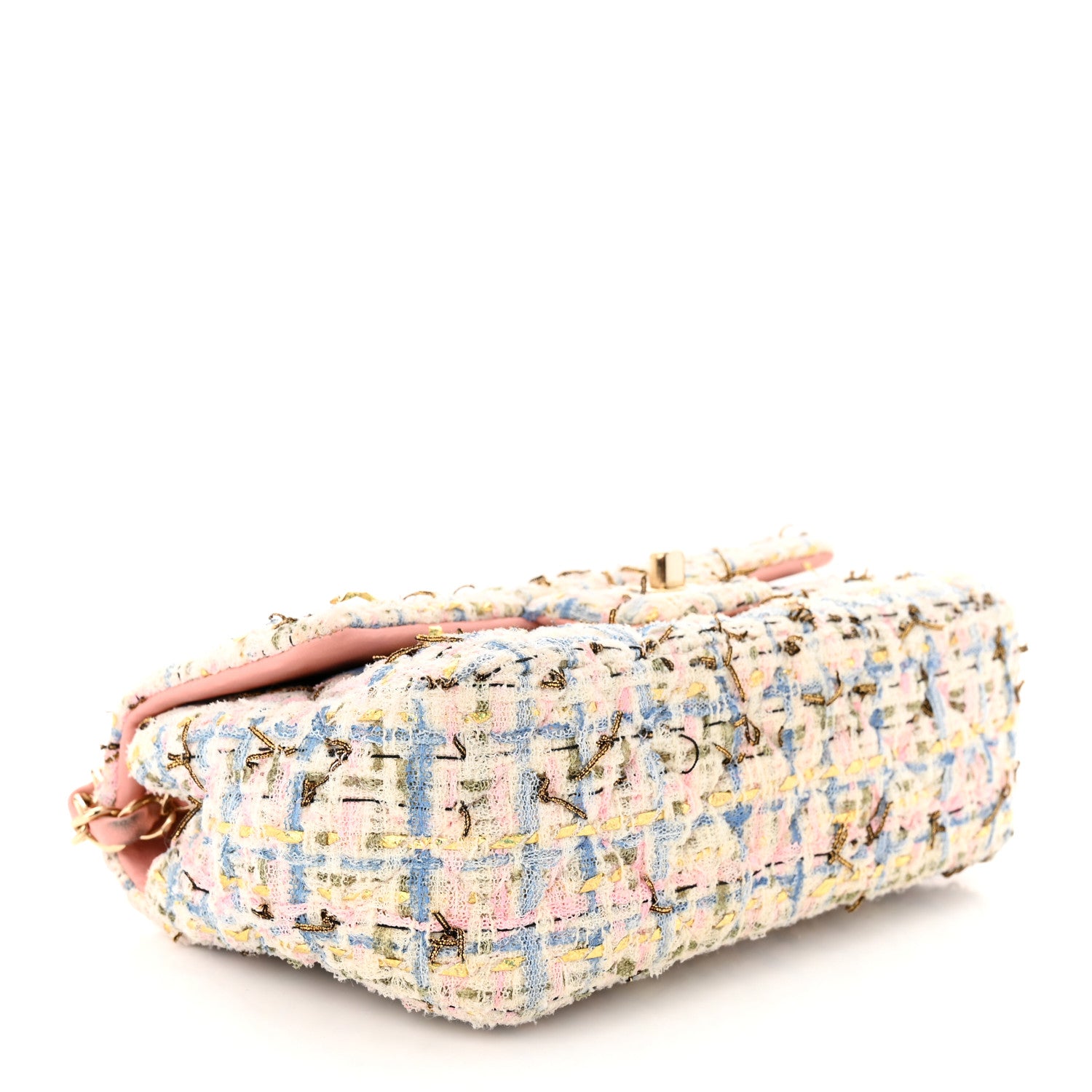 Chanel Tweed Quilted Mini Rectangular Flap Light Blue Pink Gold White 4 of 11