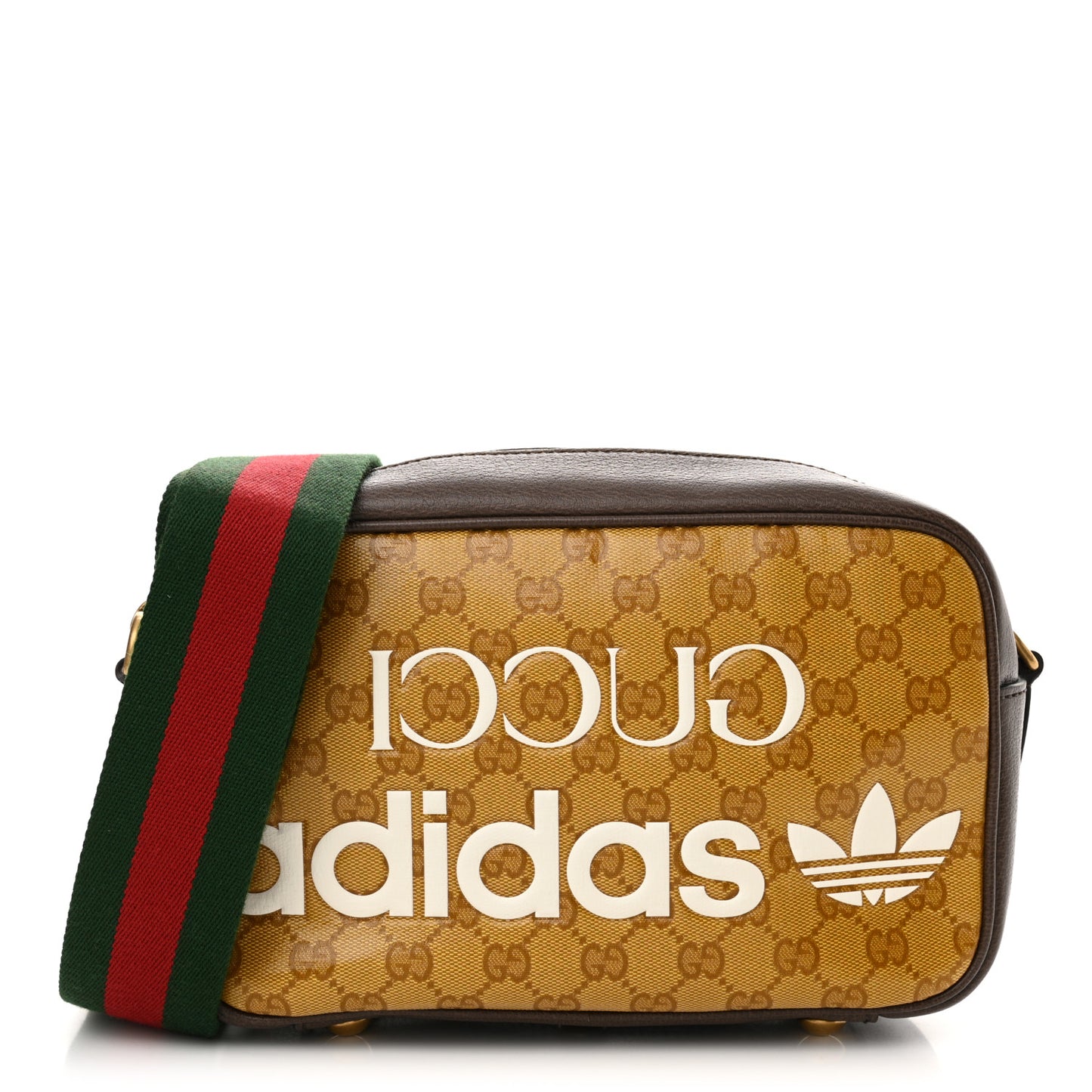 X ADIDAS Crystal Vintage Monogram Textured Dollar Calfskin Web Trefoil Logo Small Messenger Bag Mid Natural Nut Off White New Acero