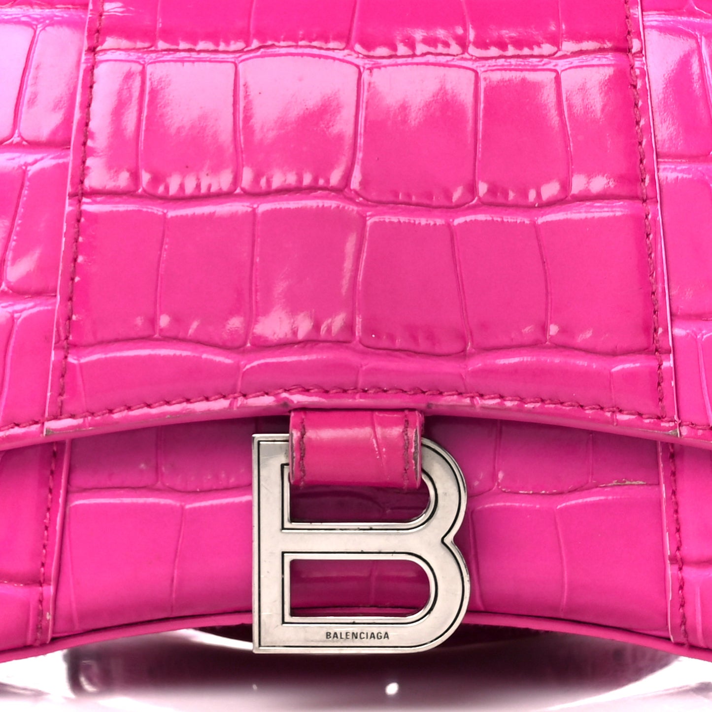 Shiny Calfskin Crocodile Embossed Hourglass Top Handle Bag XS Lipstick Pink