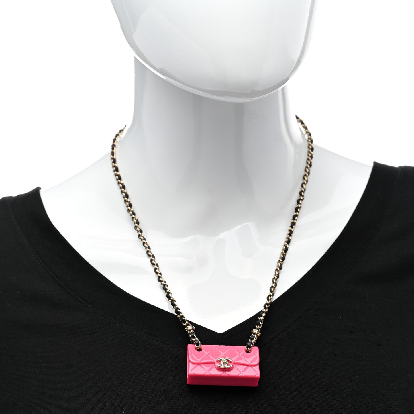 Metal Resin Calfskin Quilted CC Turnlock Chain Bag Necklace Gold Pink