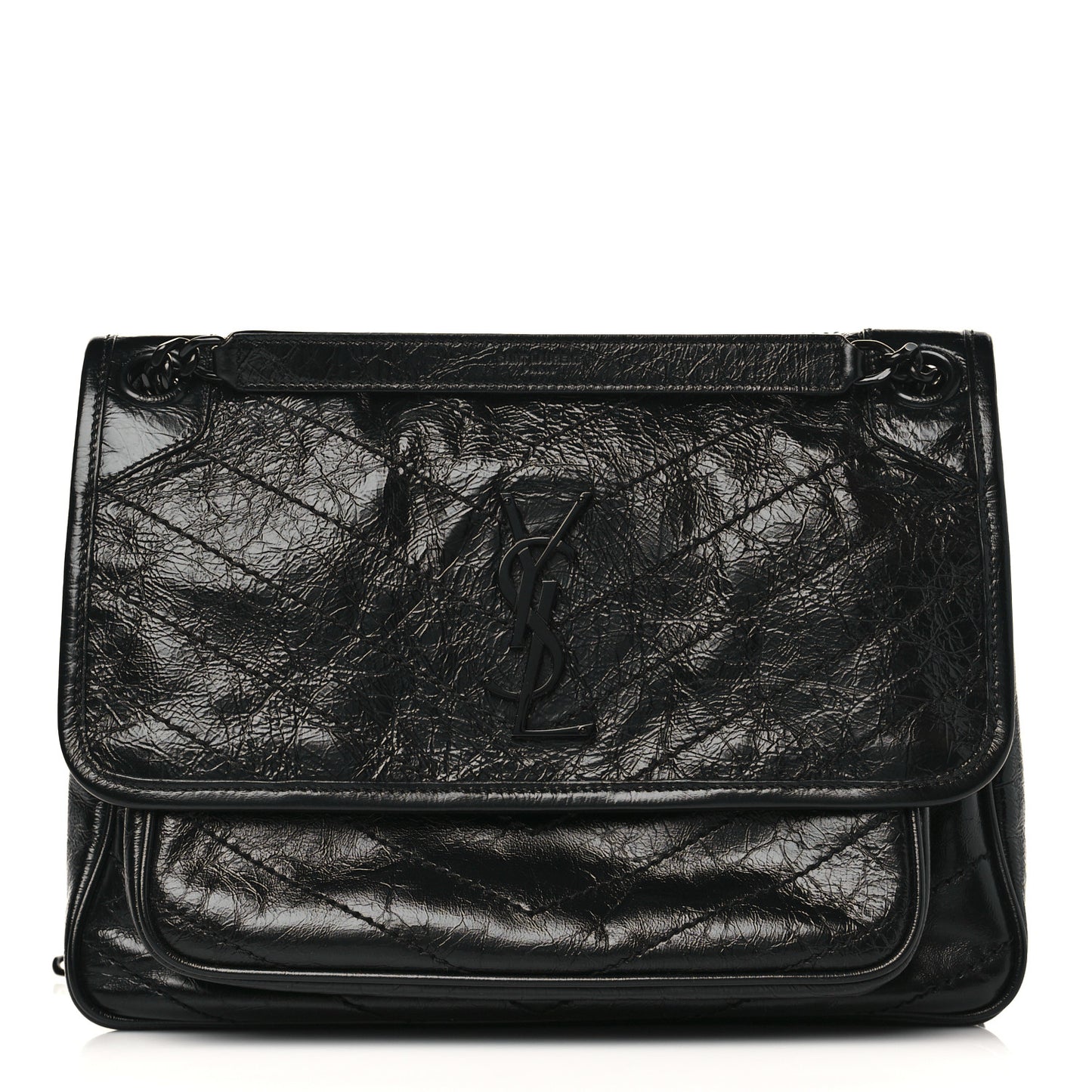 Crinkled Calfskin Matelasse Monogram Medium Niki Chain Satchel Black