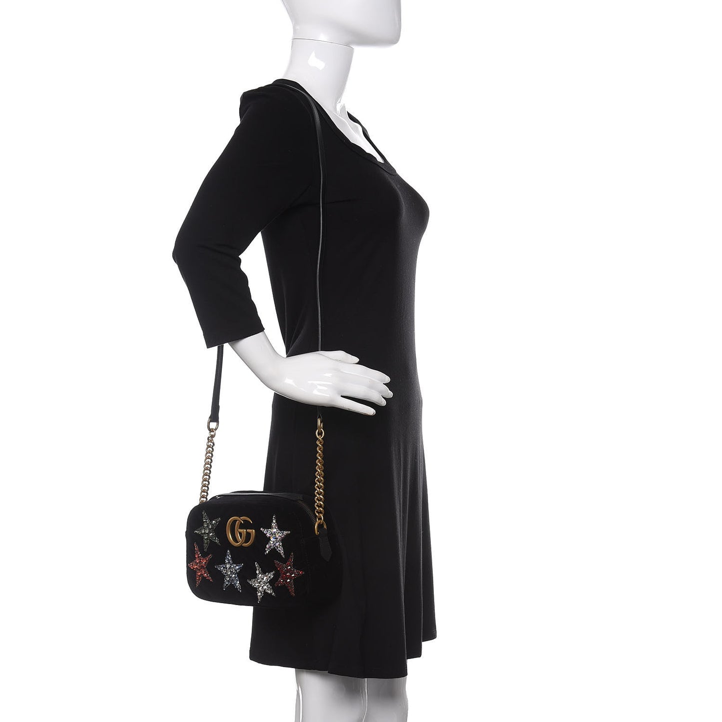Velvet Matelasse Crystal Star Embroidered Small GG Marmont Chain Shoulder Bag Black