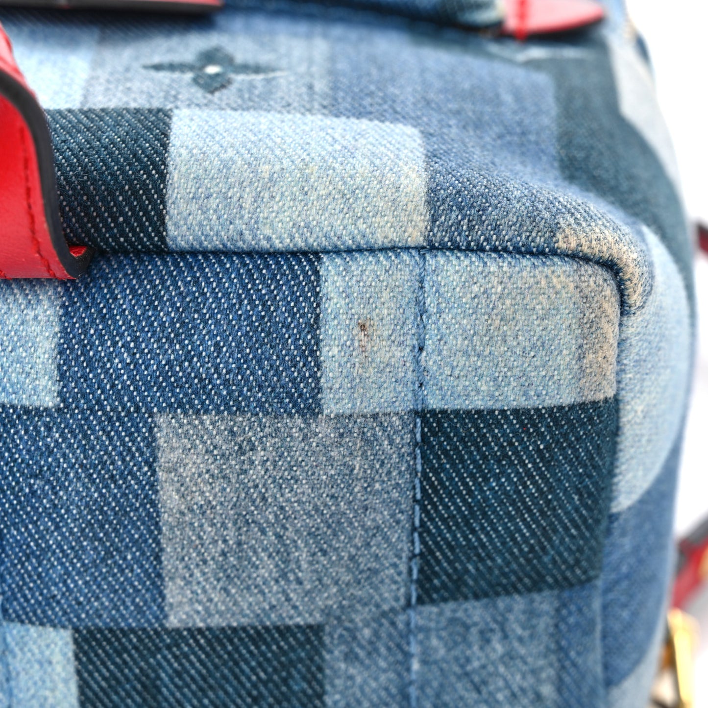 Denim Damier Monogram Patchwork Palm Springs Backpack Mini Blue Rouge
