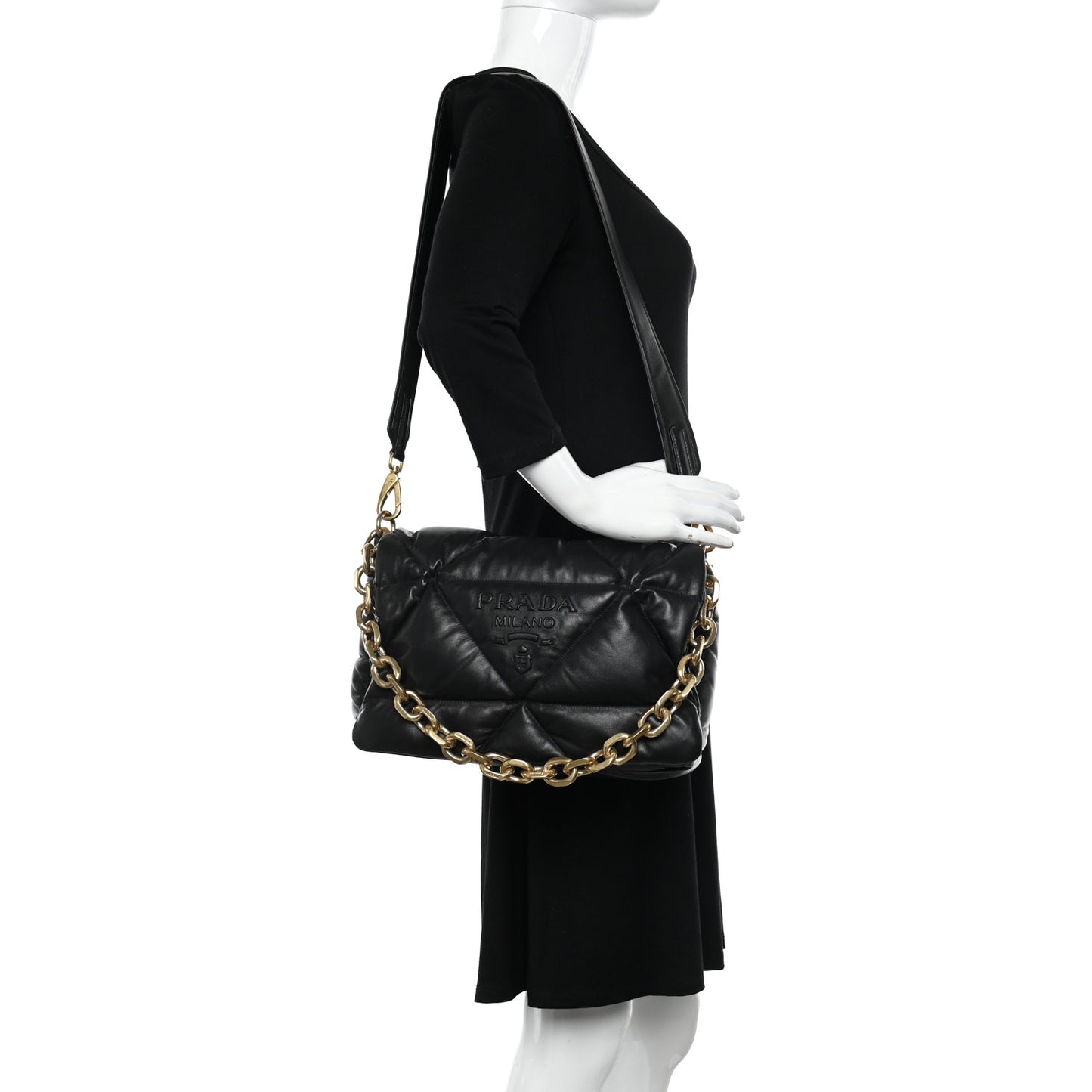 Nappa Soft Padded Logo Embossed Triangle Quilted Shoulder Bag Black