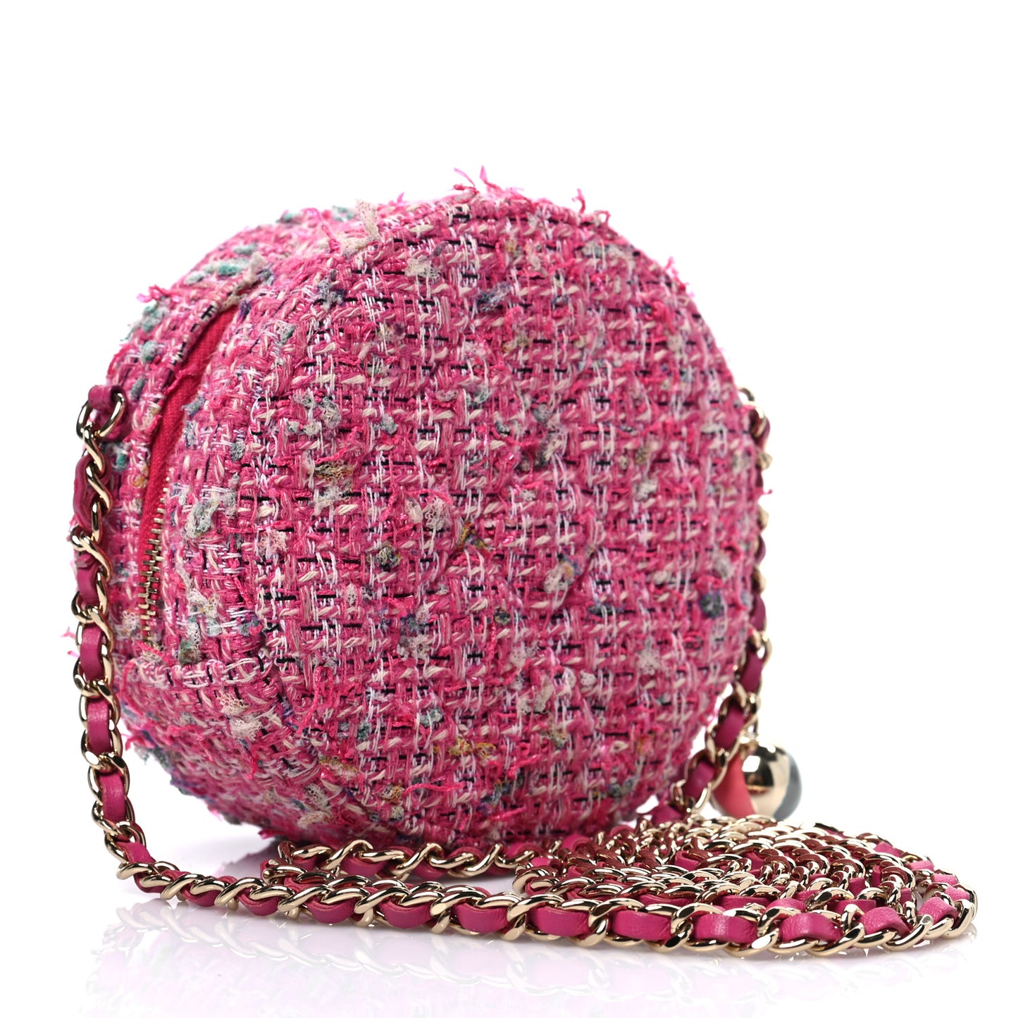 Tweed Quilted Round Clutch With Chain Pink