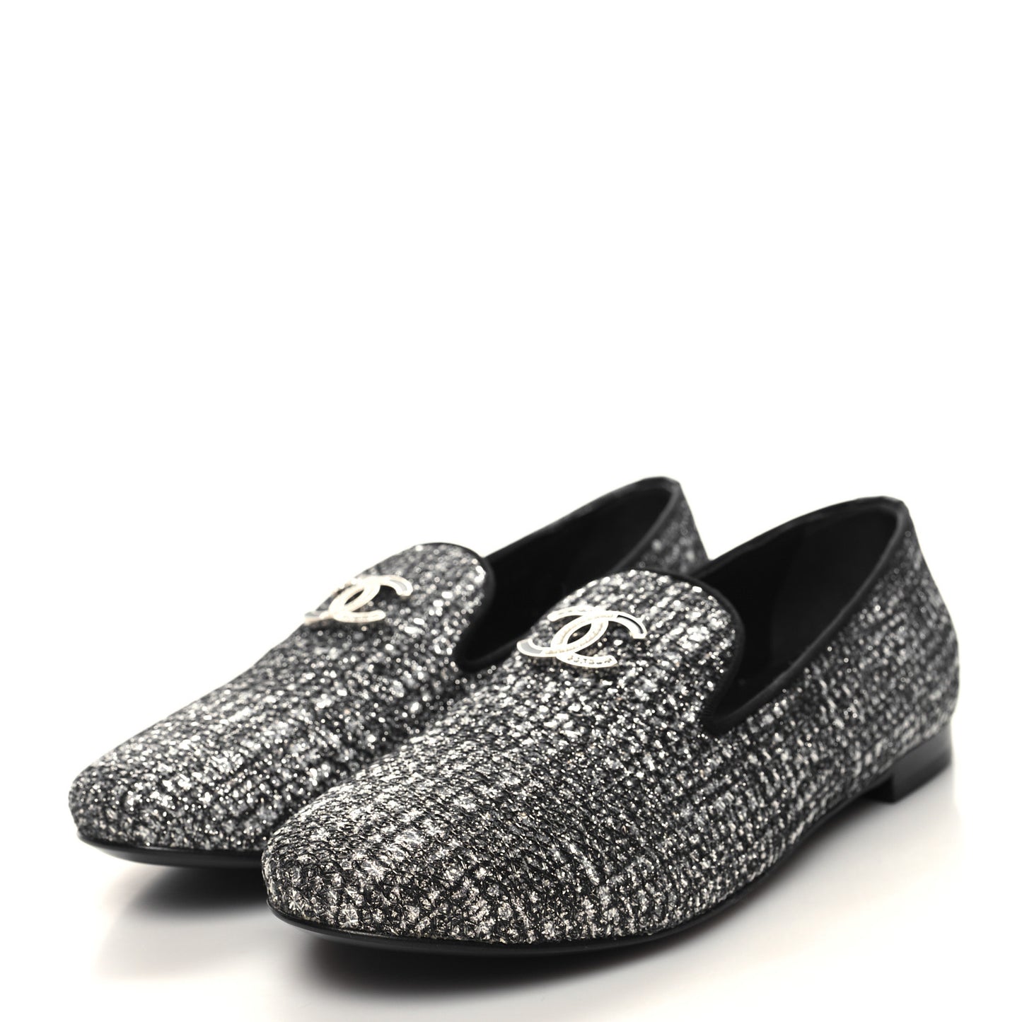Fantasy Fabric Grosgrain CC Mocassin Loafers 36.5 Silver Black