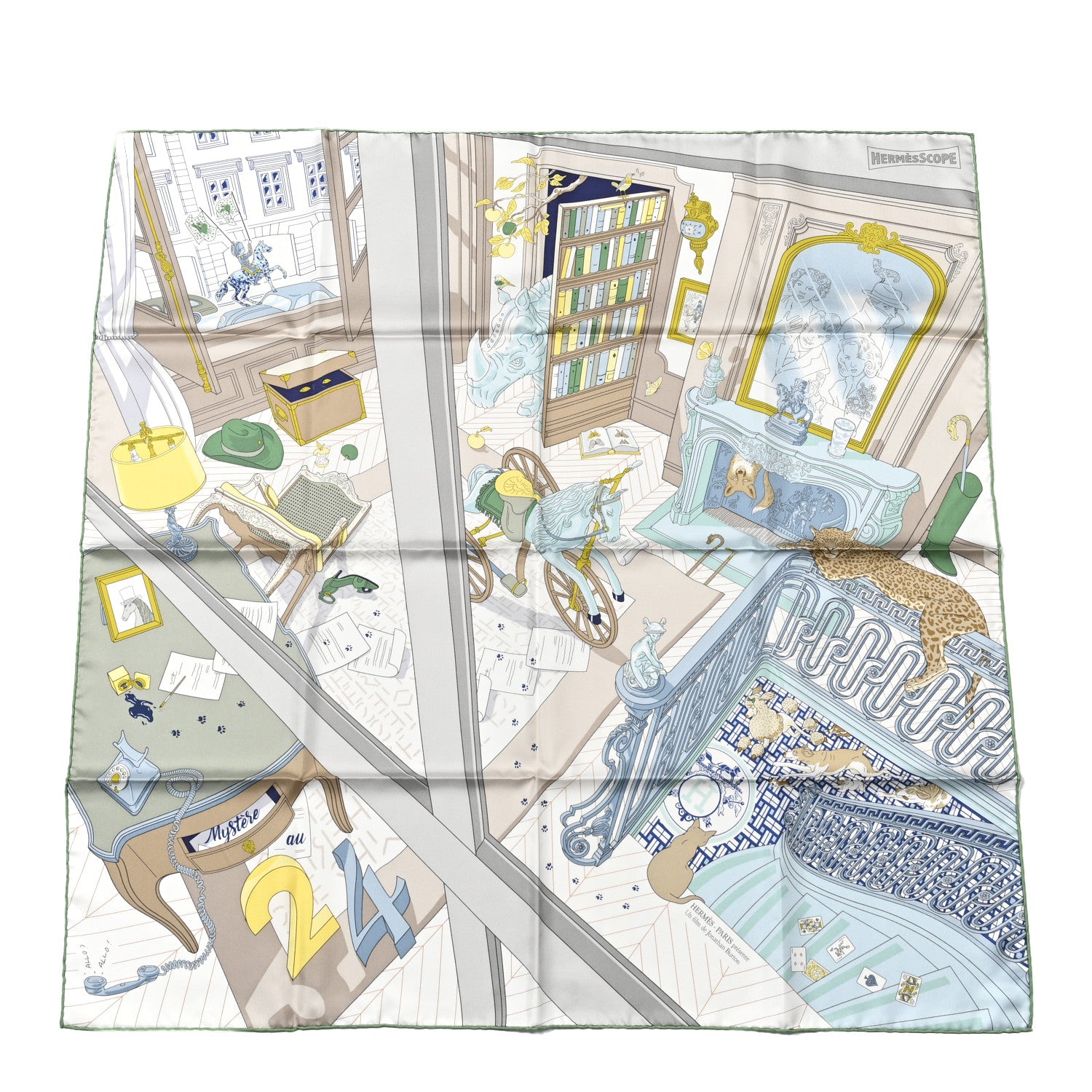 Hermes Silk Mystere Au 24 Faubourg Scarf 90 Gris Perle Vert Jaune