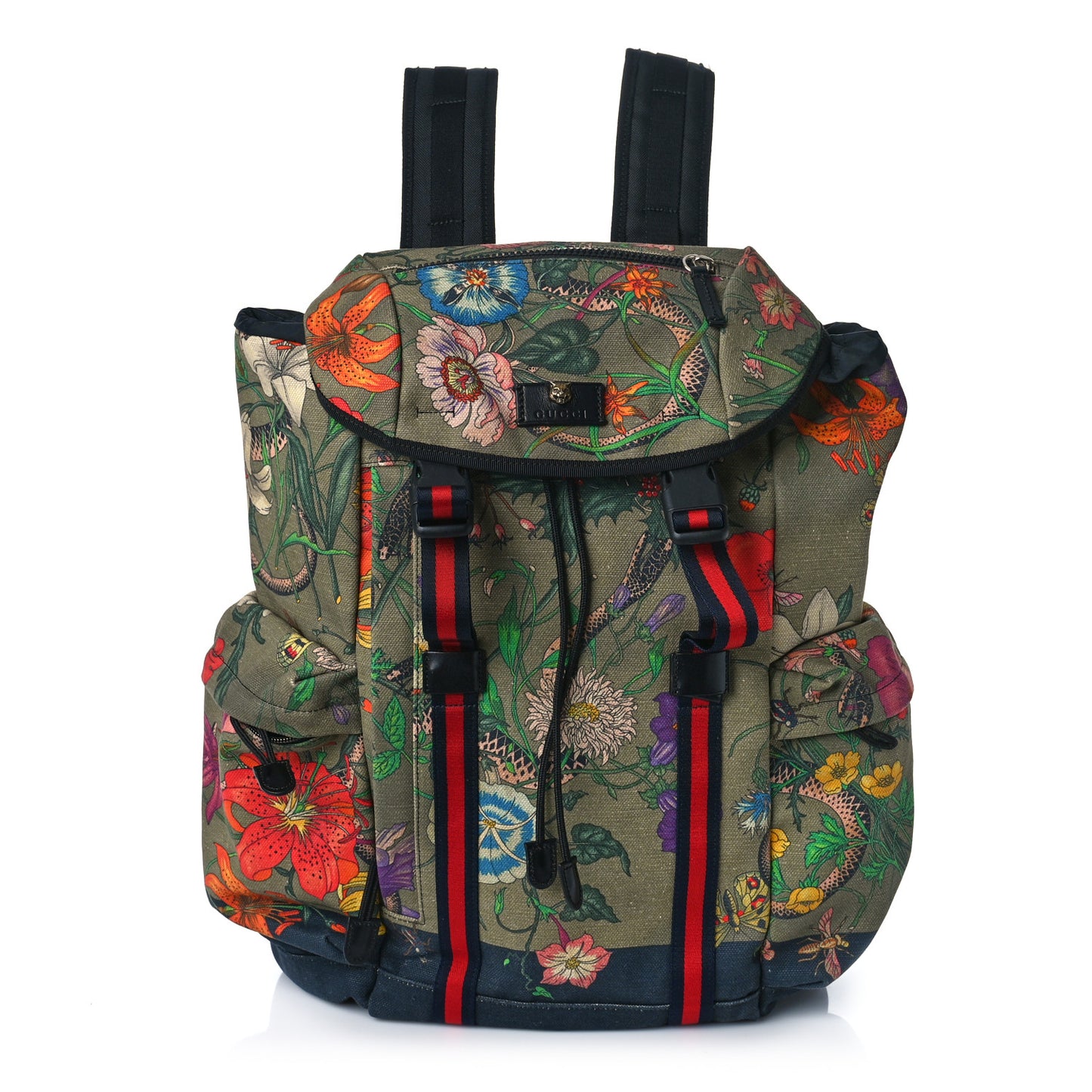 Canvas Floral Snake Double Buckle Backpack Green