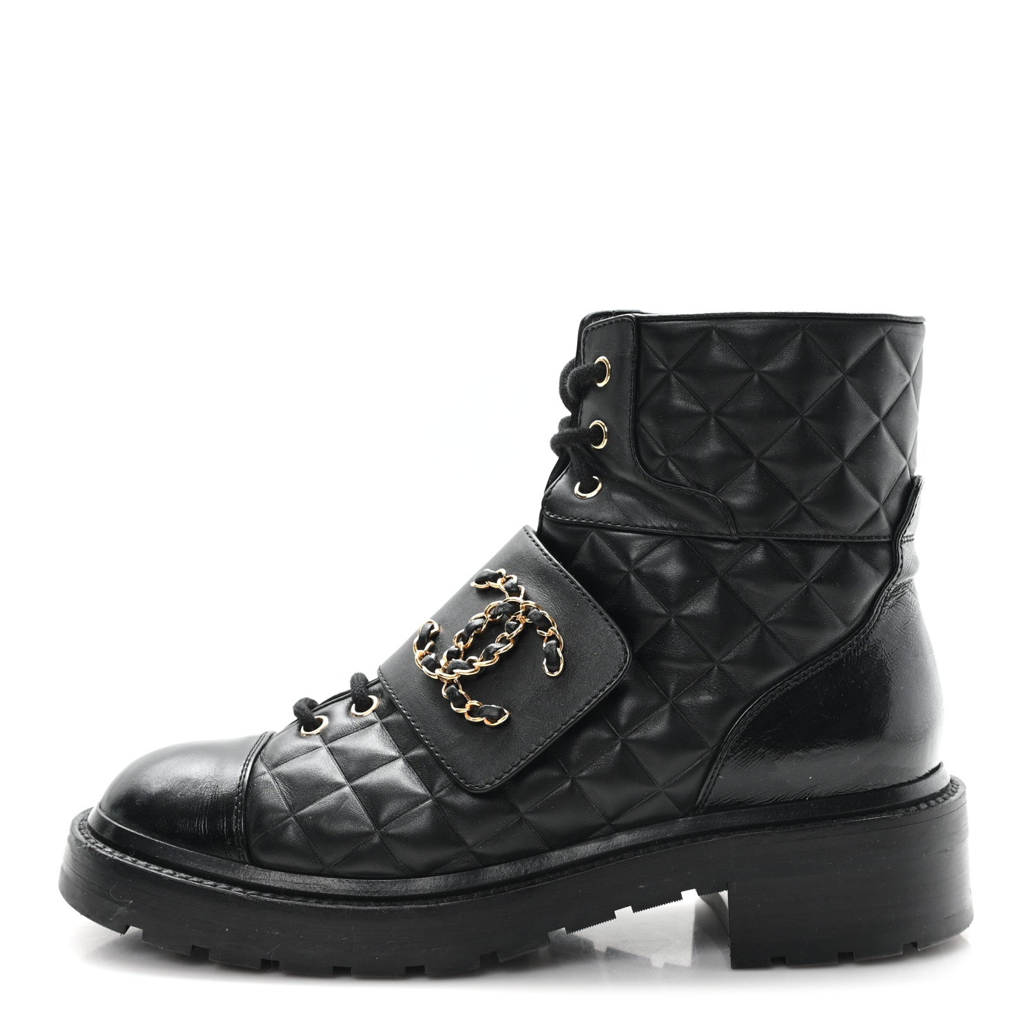 Chanel Shiny Calfskin Quilted Lace Up Combat Boots 38.5 Black