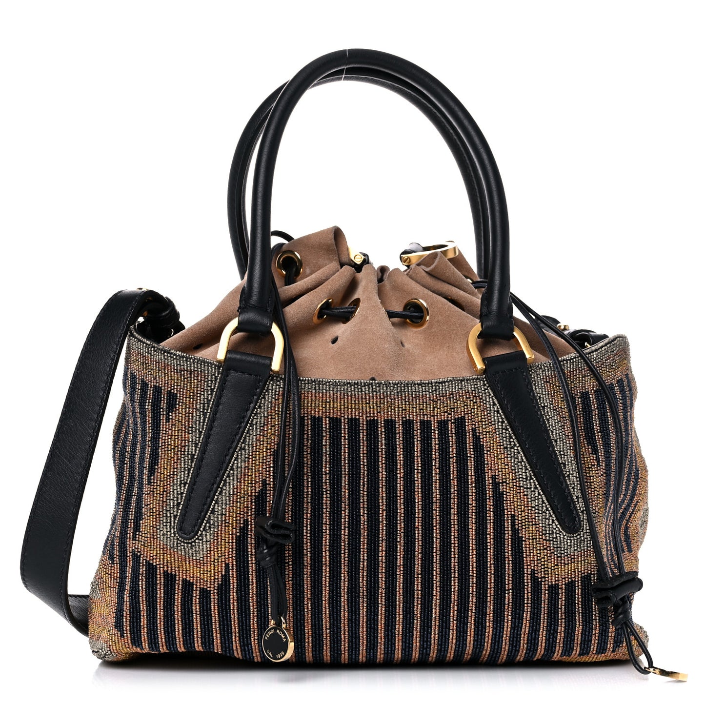 Calfskin Beaded Small Drawstring Satchel Black Multicolor