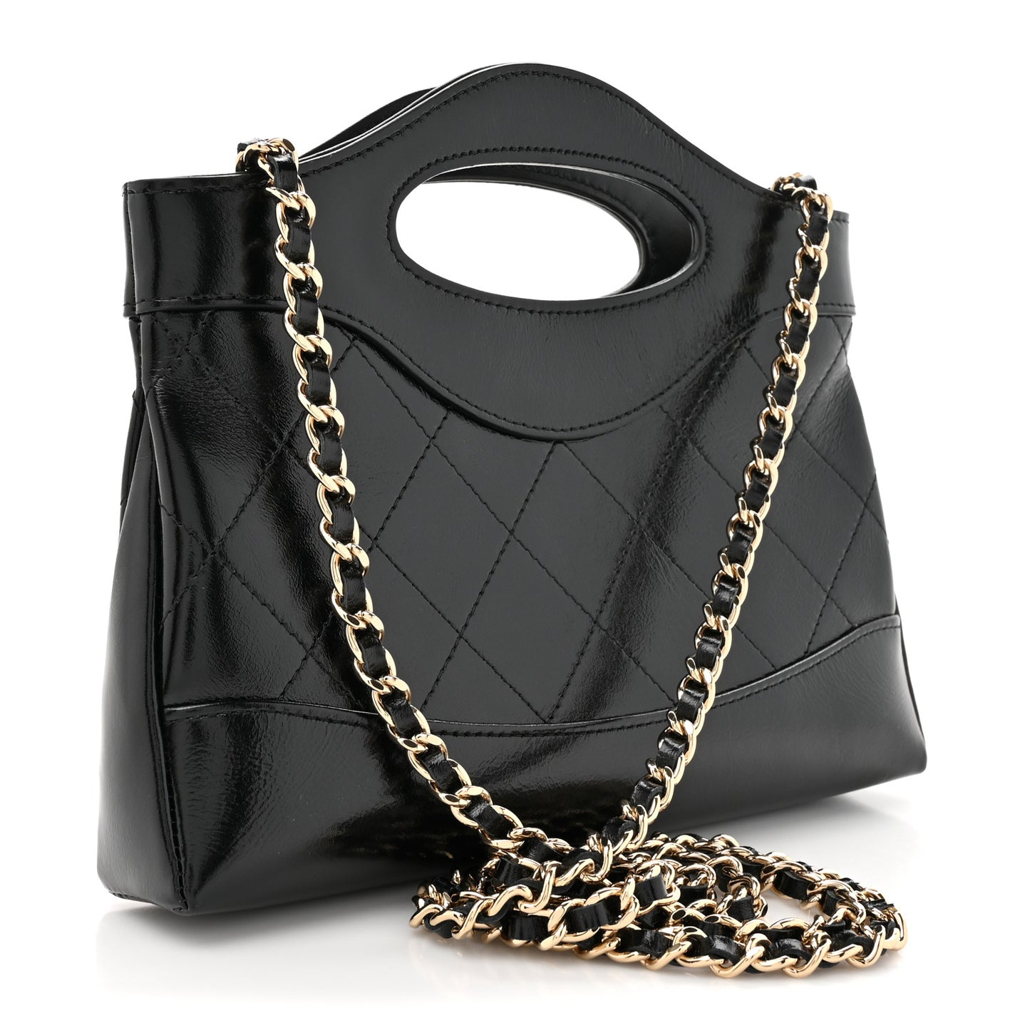 Shiny Crumpled Calfskin Quilted Nano 31 Shopping Bag Black