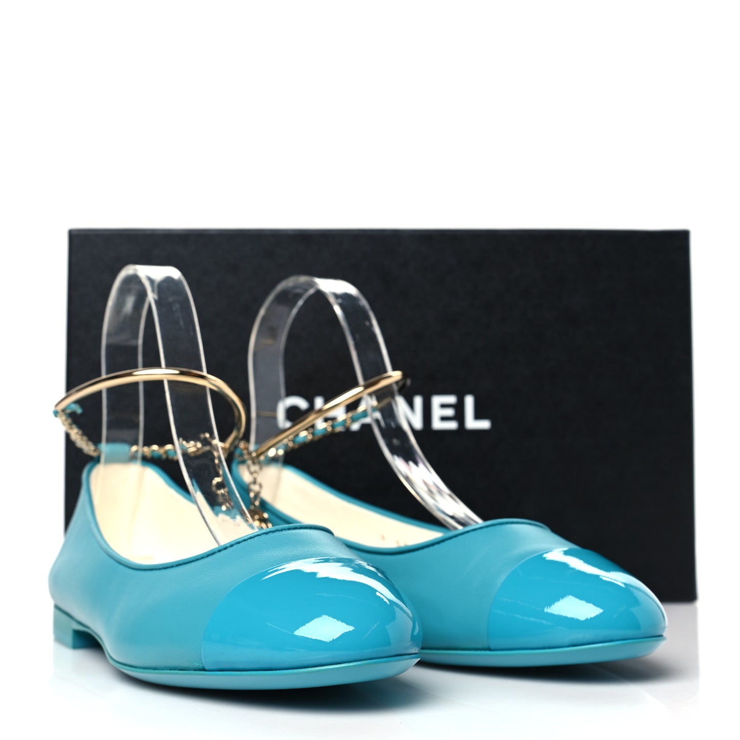 Lambskin Patent Calfskin Cap Toe Ankle Chain Ballerina Flats 37 Turquoise