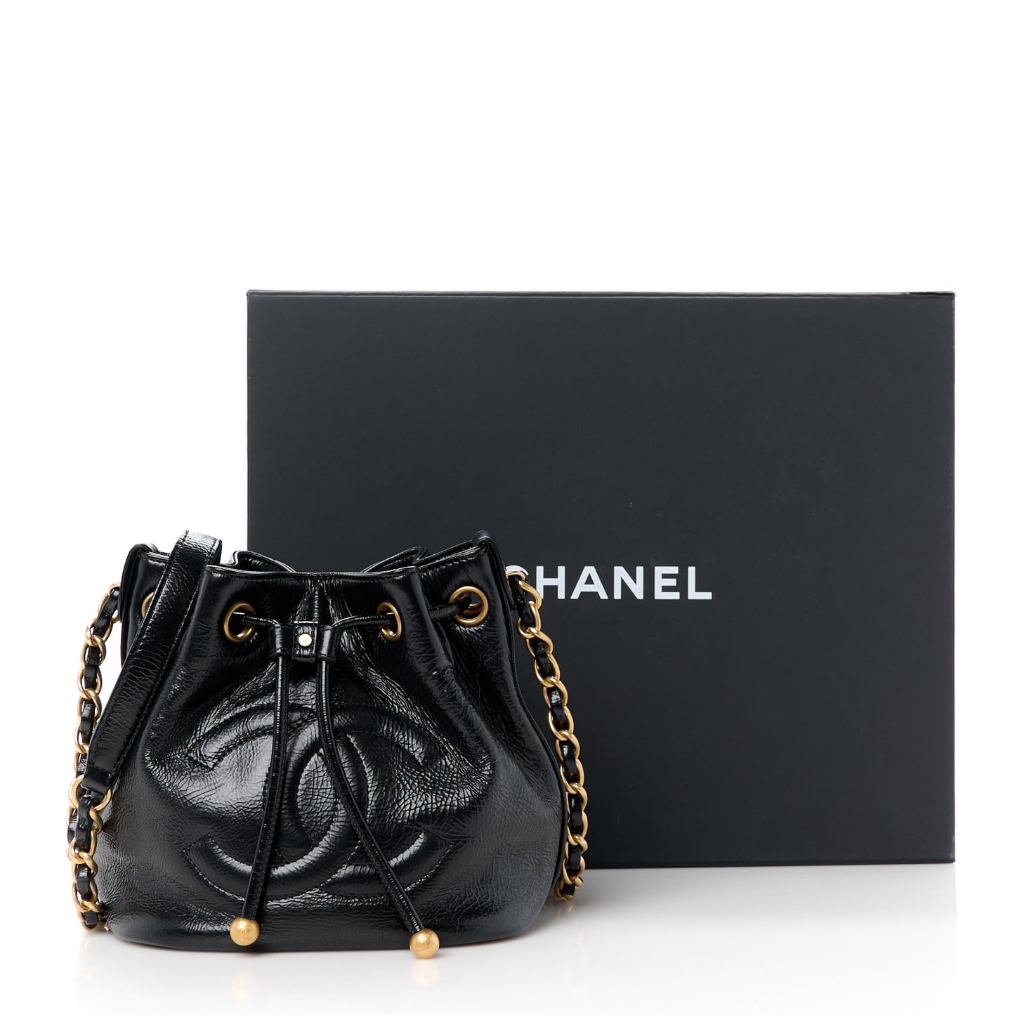 Shiny Aged Calfskin CC Chain Mini Drawstring Bag Black