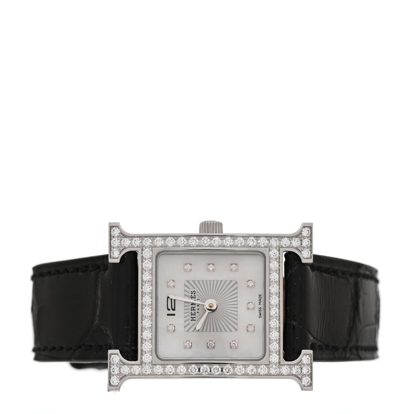 Stainless Steel Alligator Diamond Bezel Mother of Pearl 21mm Heure H Hour Quartz Watch Noir