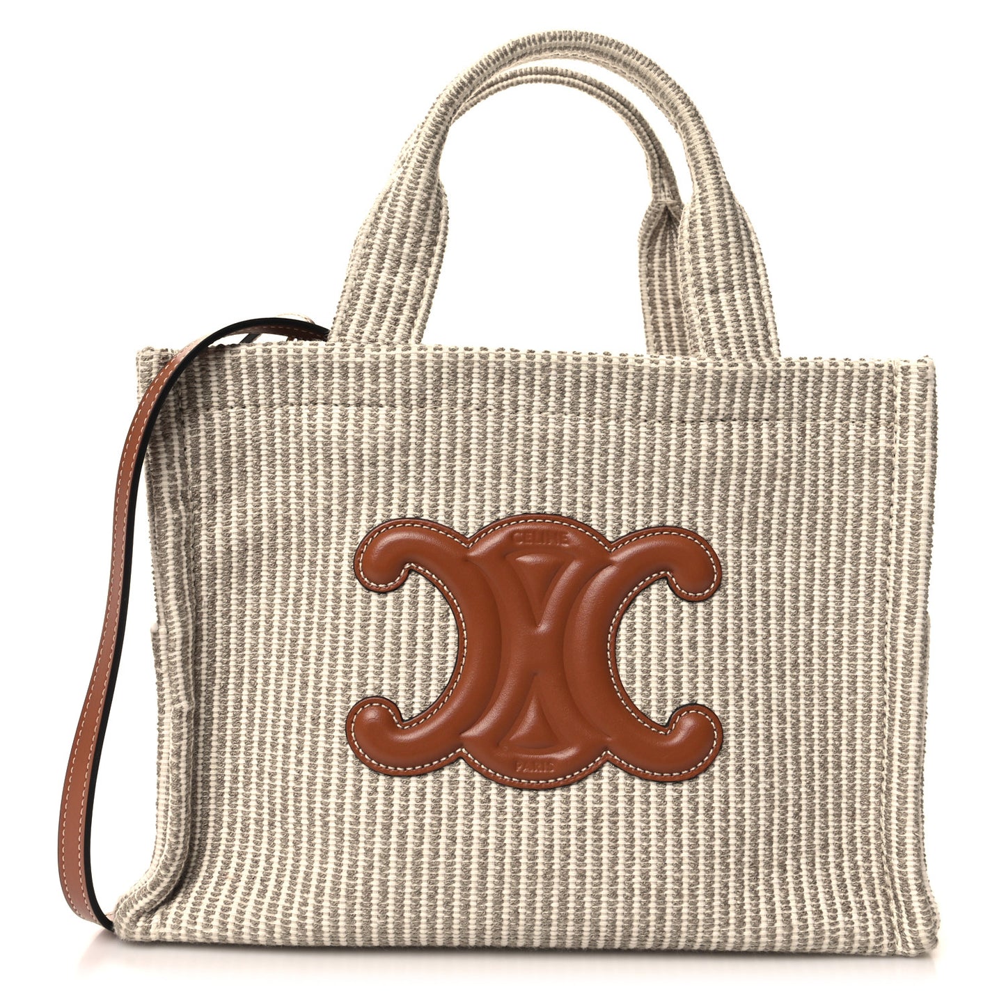 Canvas Calfskin Striped Triomphe Small Cabas Beige