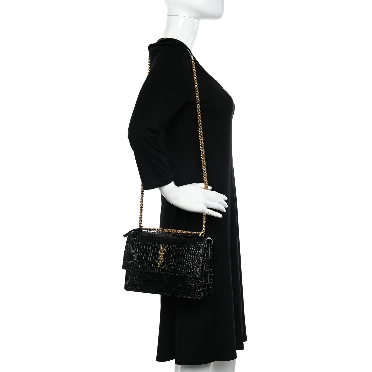 Saint Laurent Calfskin Crocodile Embossed Medium Monogram Sunset Black 2 of 9