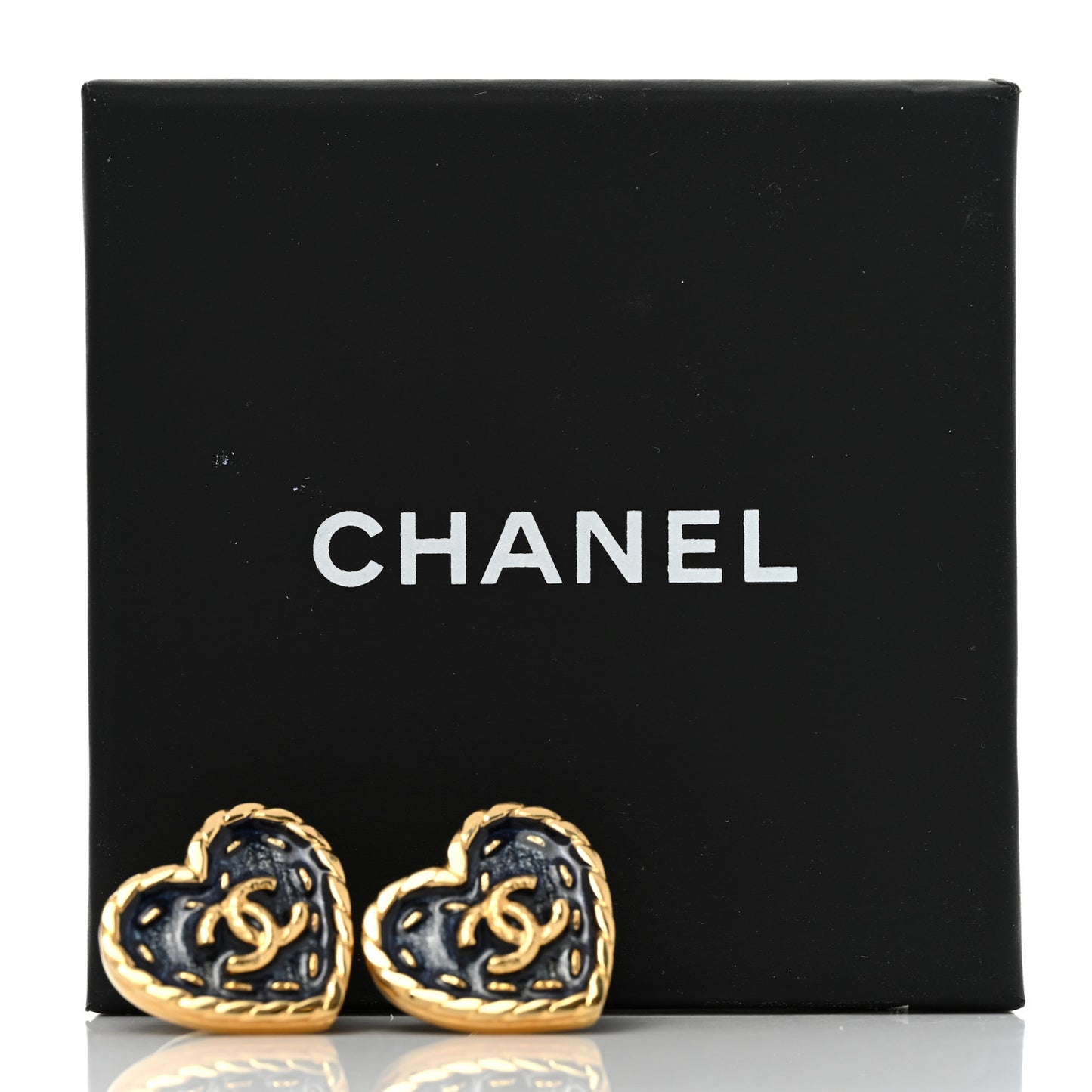 Metal Enamel CC Denim Heart Earrings Gold Blue