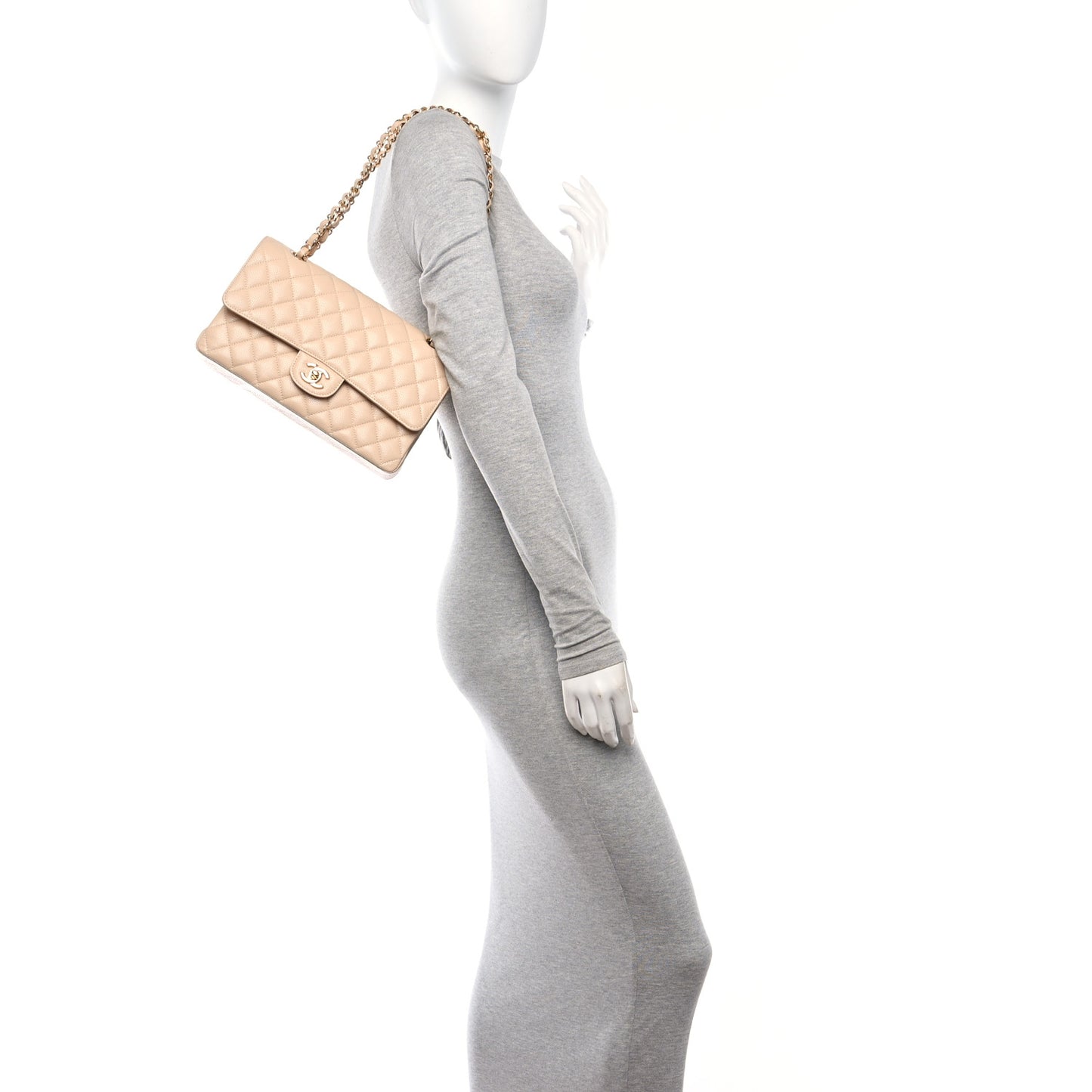 Caviar Quilted Medium Double Flap Beige