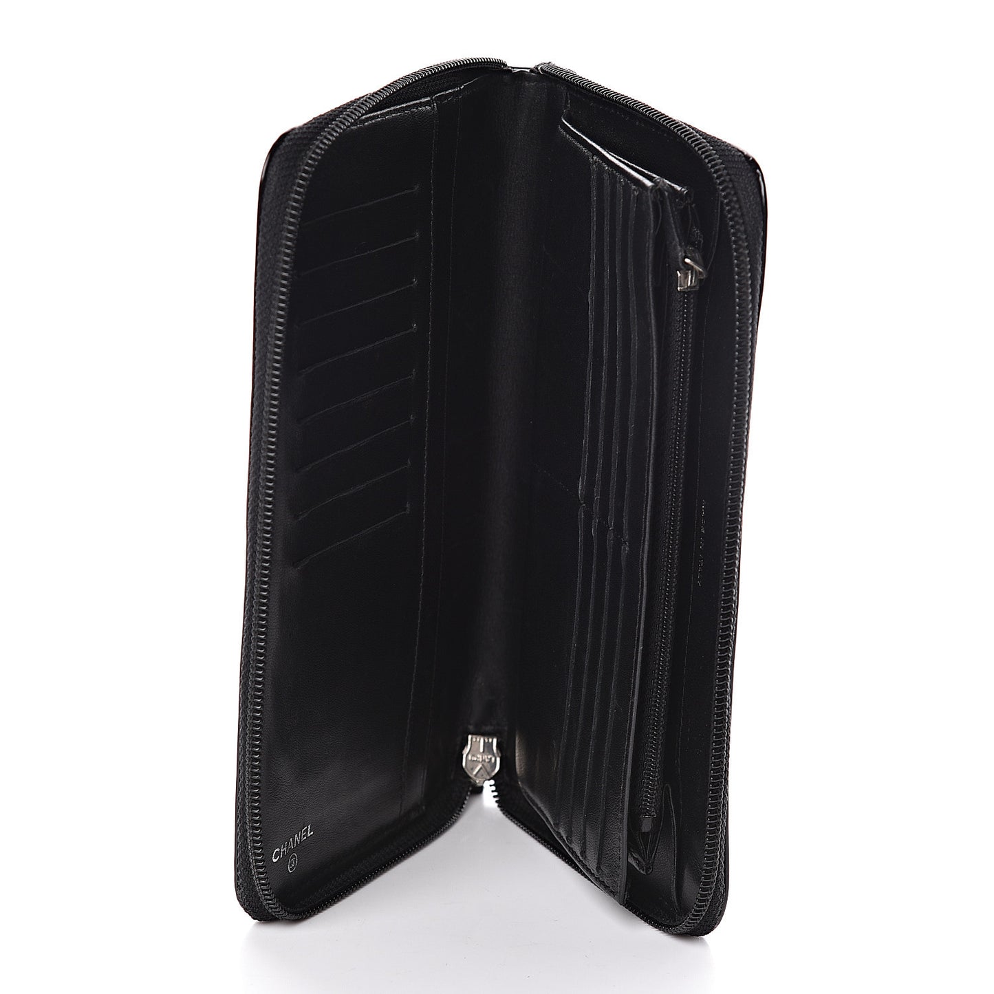 Patent Calfskin Lucky Symbols Zip Around Wallet Black