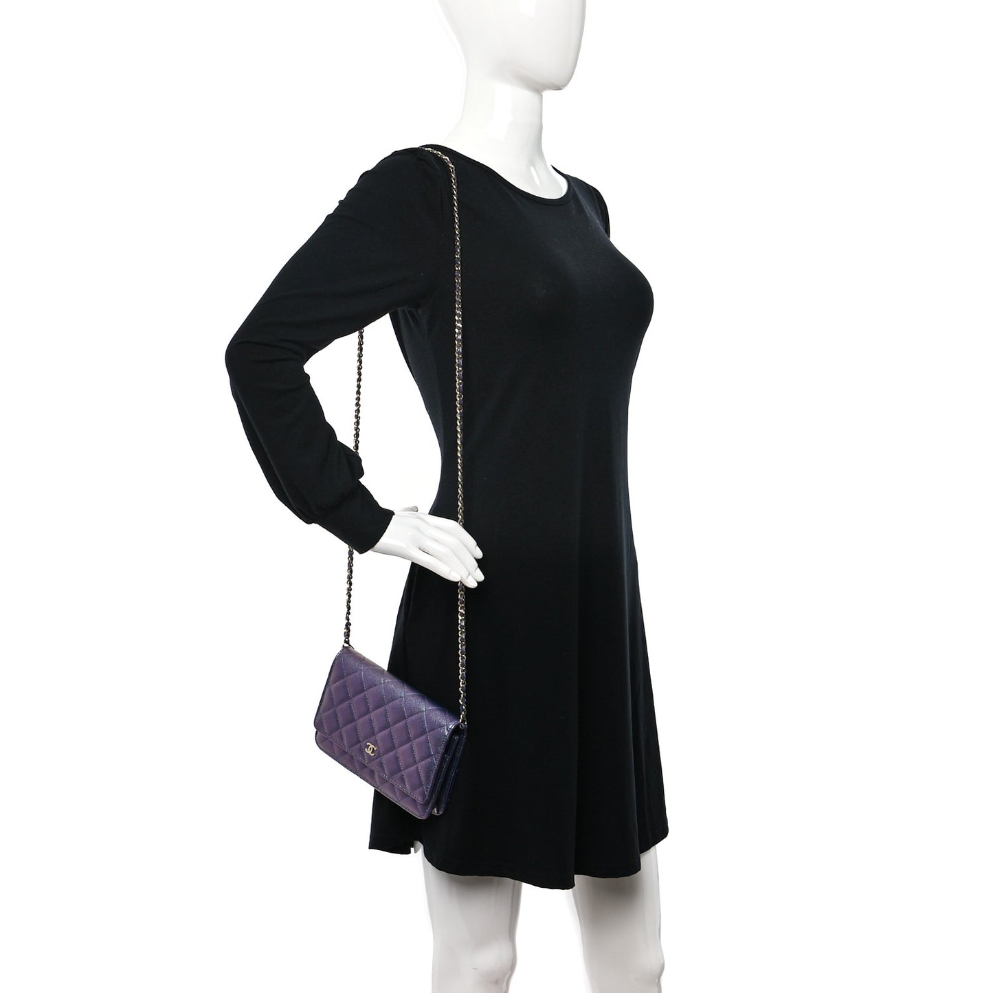 Iridescent Caviar Quilted Wallet on Chain WOC Dark Blue