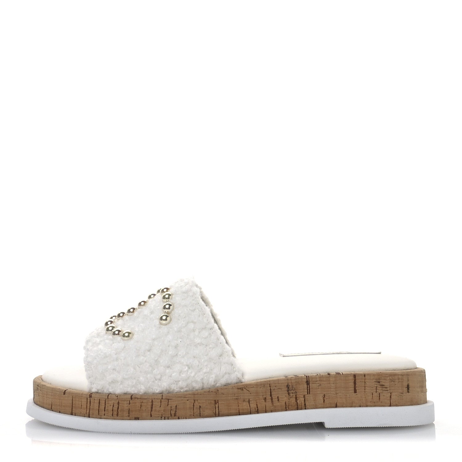 Chanel Fabric Pearl Cork CC Slip On Sandals 38 White 1690640