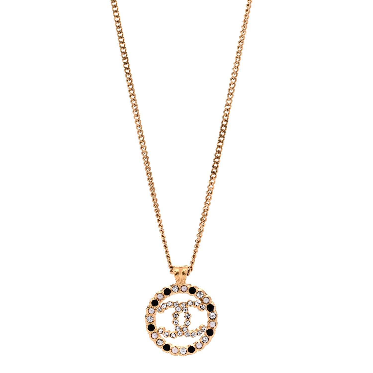 Chanel Pearl Crystal CC Round Pendant Necklace Gold Black 1 of 6