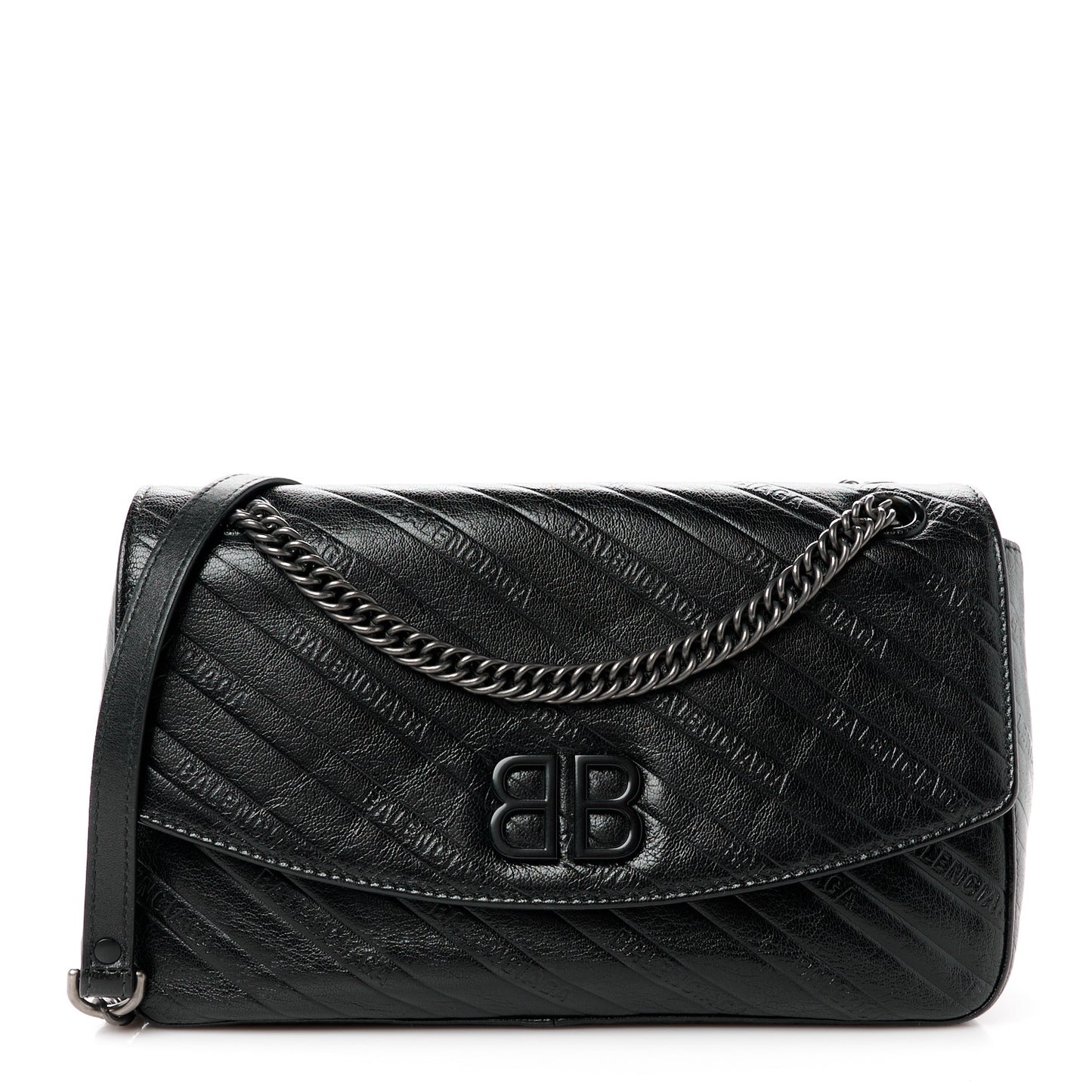 Shiny Goatksin Logo Embossed Monochrome M BB Round Shoulder Bag Black