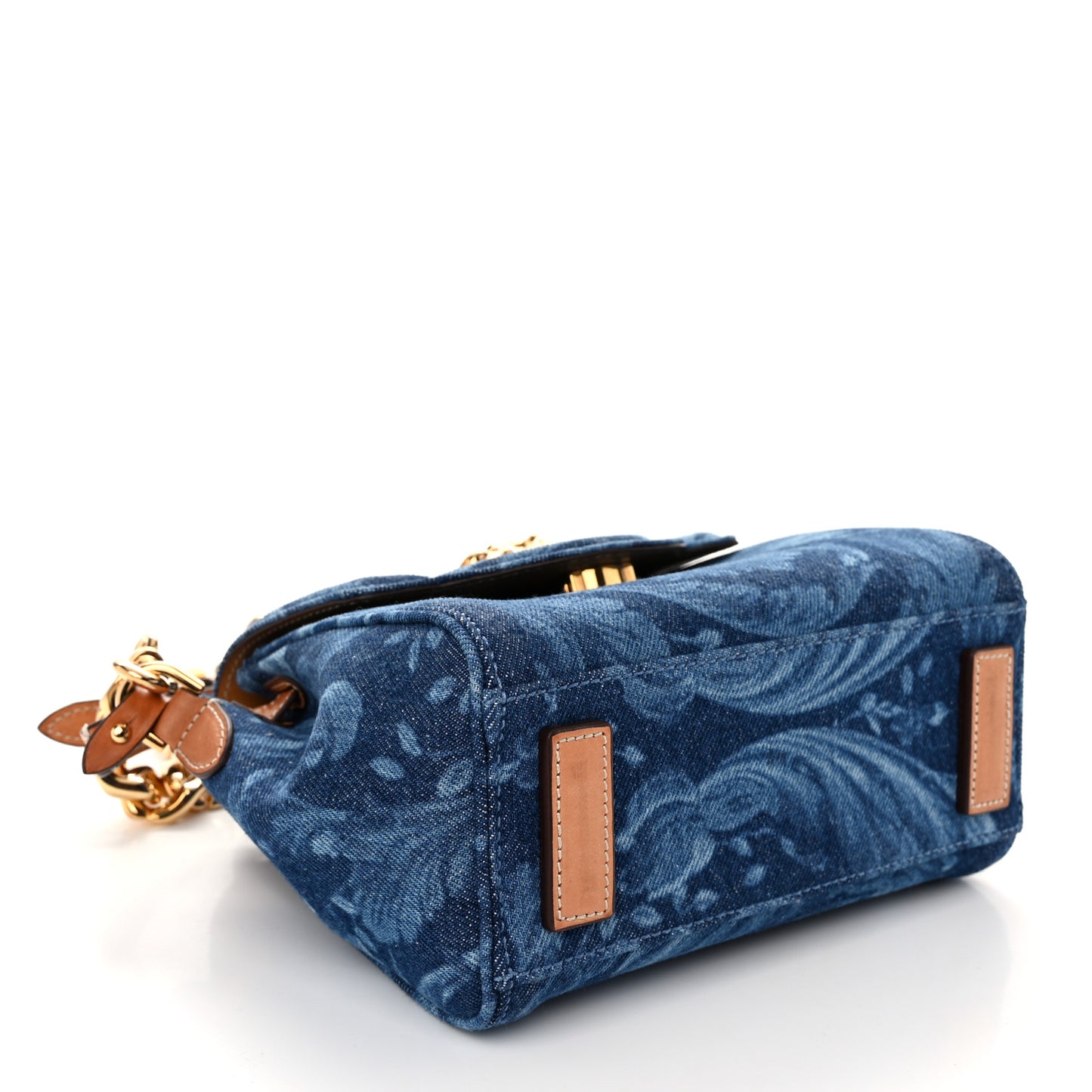 Denim Barocco Small La Medusa Chain Top Handle Handbag Blue Camel