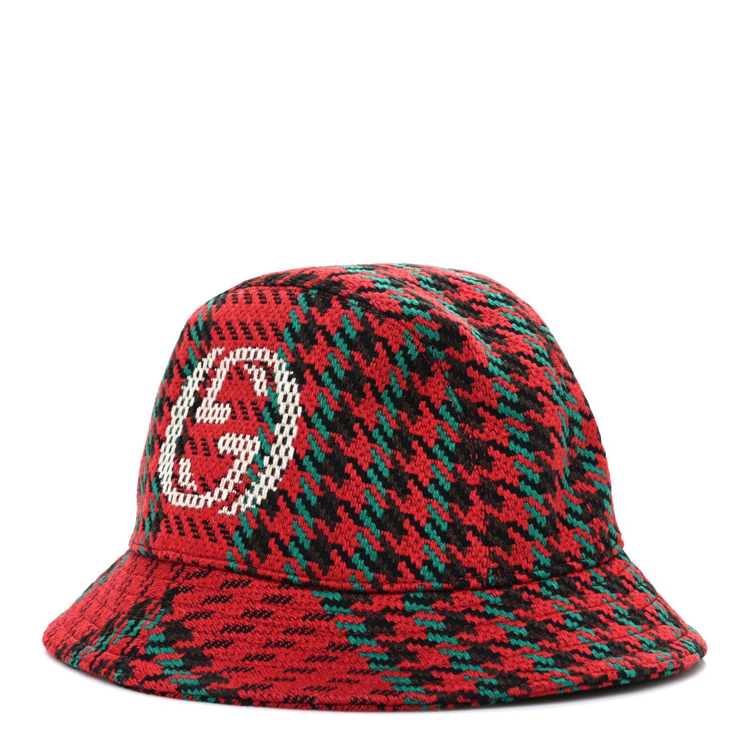 Gucci Tweed Wool Houndstooth Interlocking G Bucket Hat M Red Green