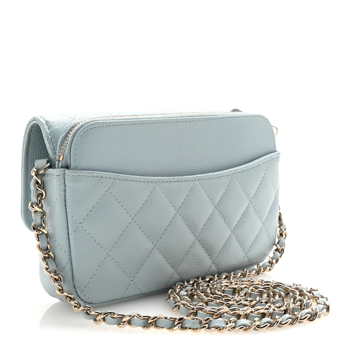 Caviar Quilted Flap Phone Holder With Chain Light Blue