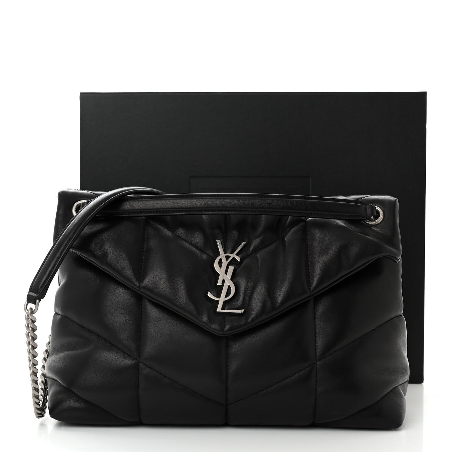 Lambskin Quilted Medium Loulou Puffer Monogram Chain Satchel Black