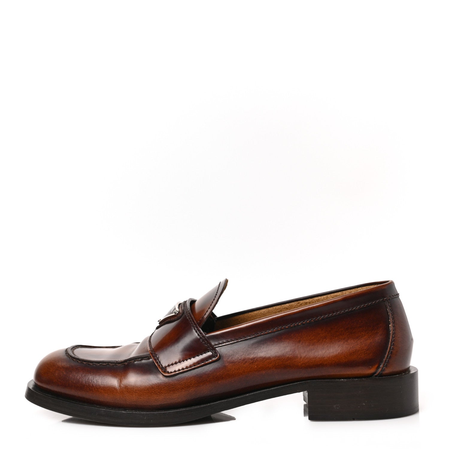 prada tobacco loafers Prada Spazzolato Fume Metal Triangle Logo 20mm Loafers 39 Tobacco 1319289 –  FASHIONPHILE