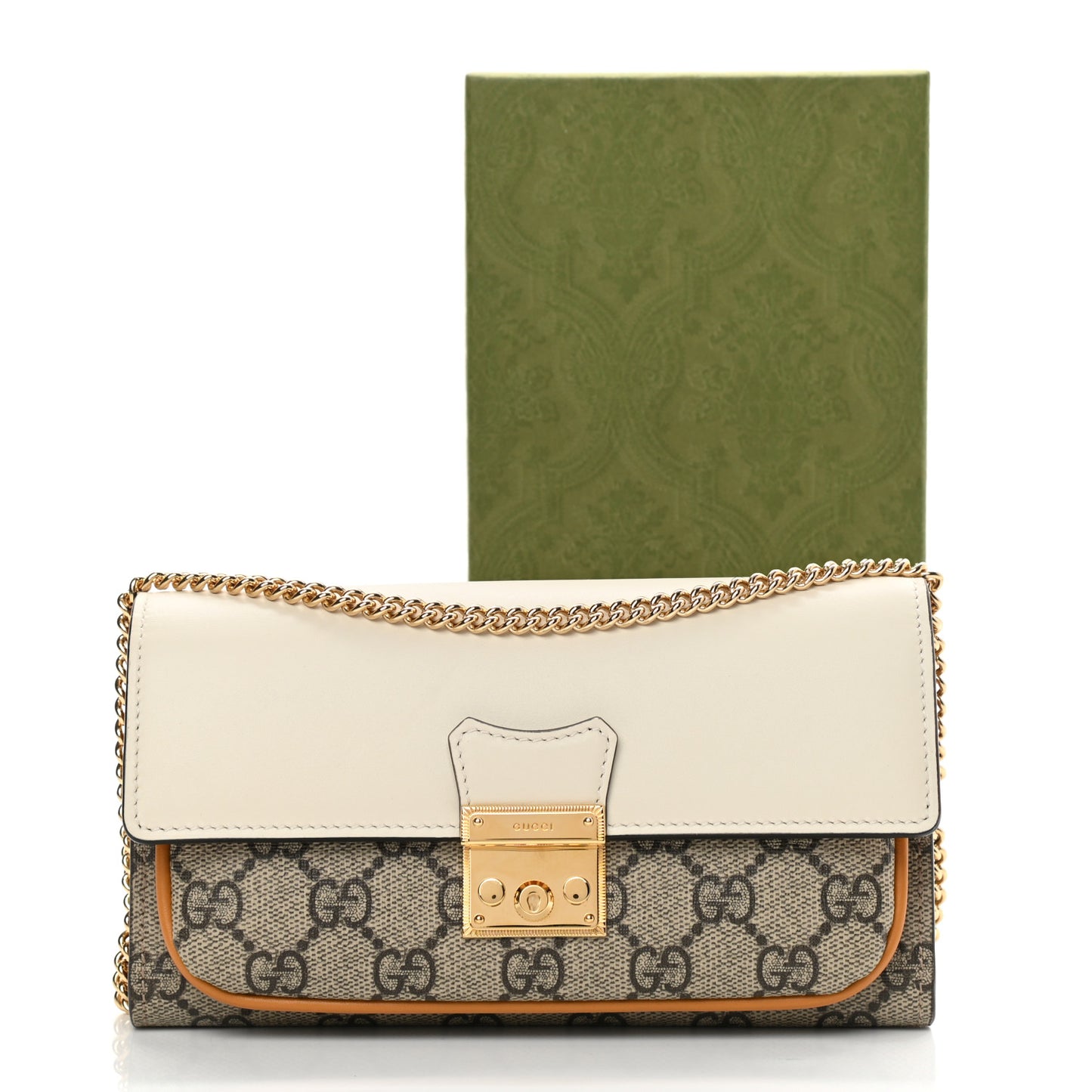GG Supreme Monogram Calfskin Padlock Chain Wallet Beige Mystic White Sun Oil