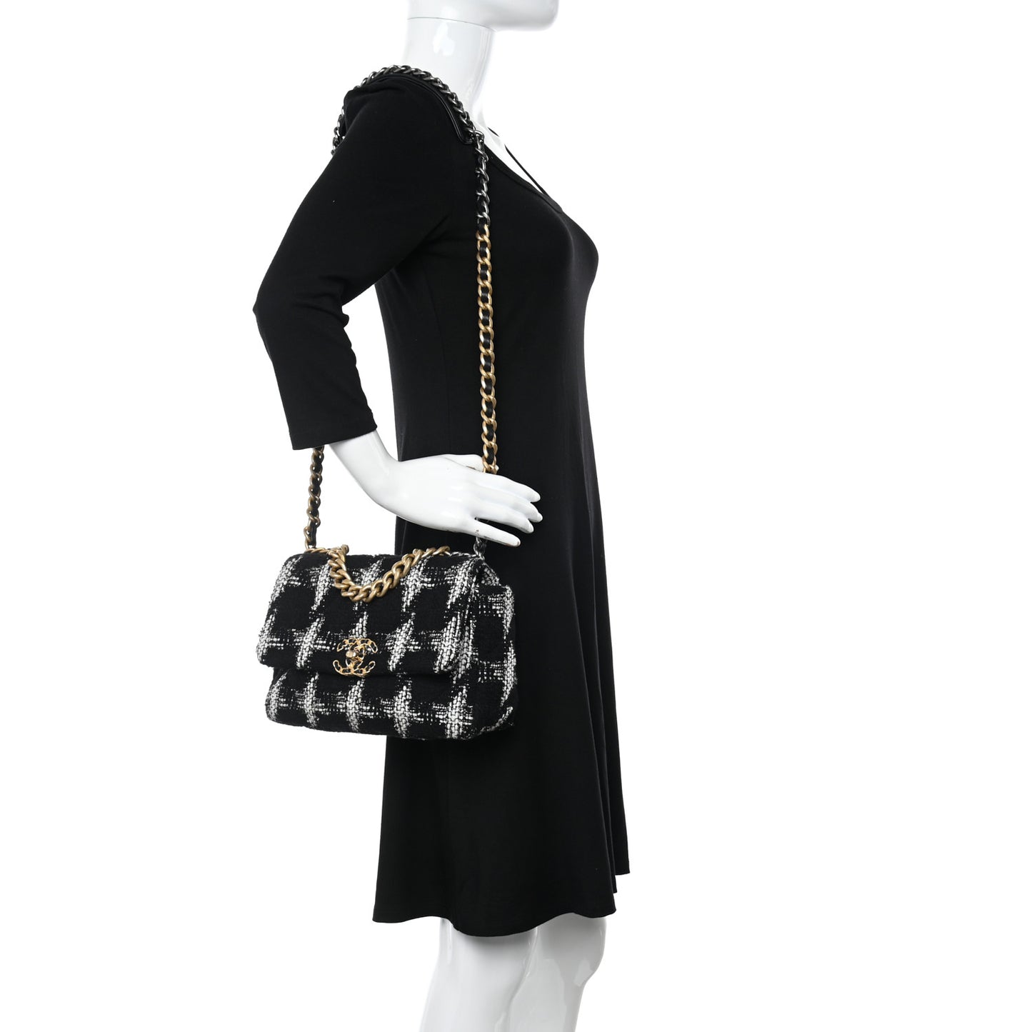 Tweed Quilted Medium Chanel 19 Flap Black White