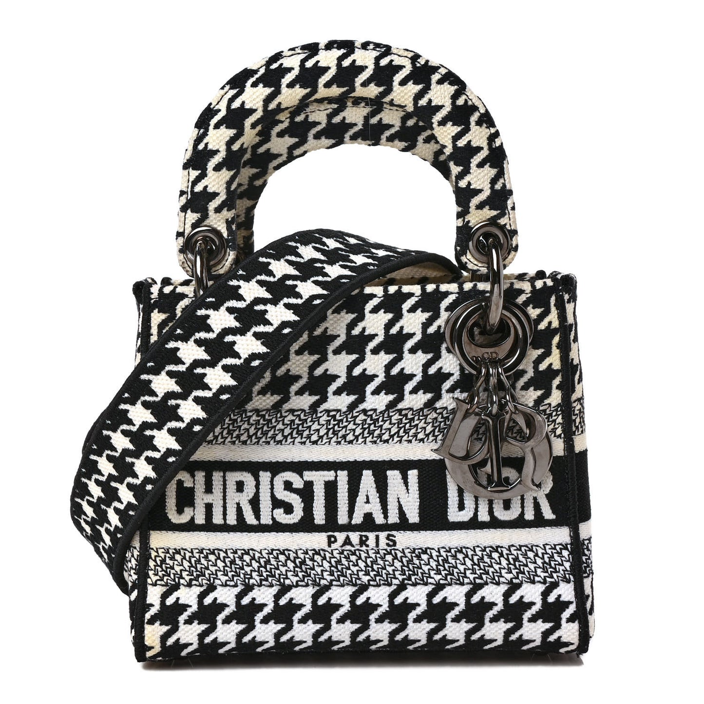 Canvas Houndstooth Embroidered Mini Lady D-Lite Black White