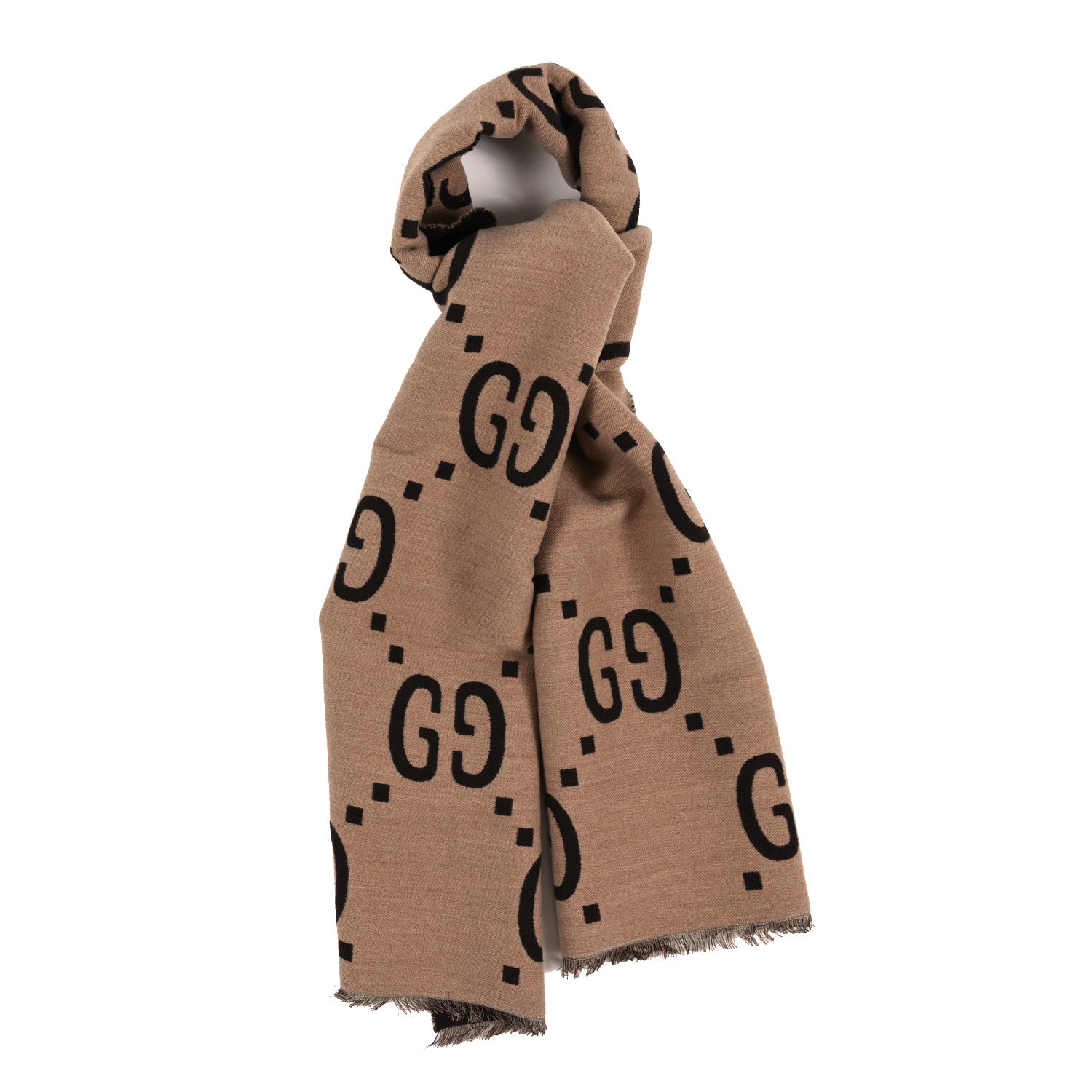 Gucci Wool Silk Monogram Jumbo GG Freedom Scarf Dark Brown Beige