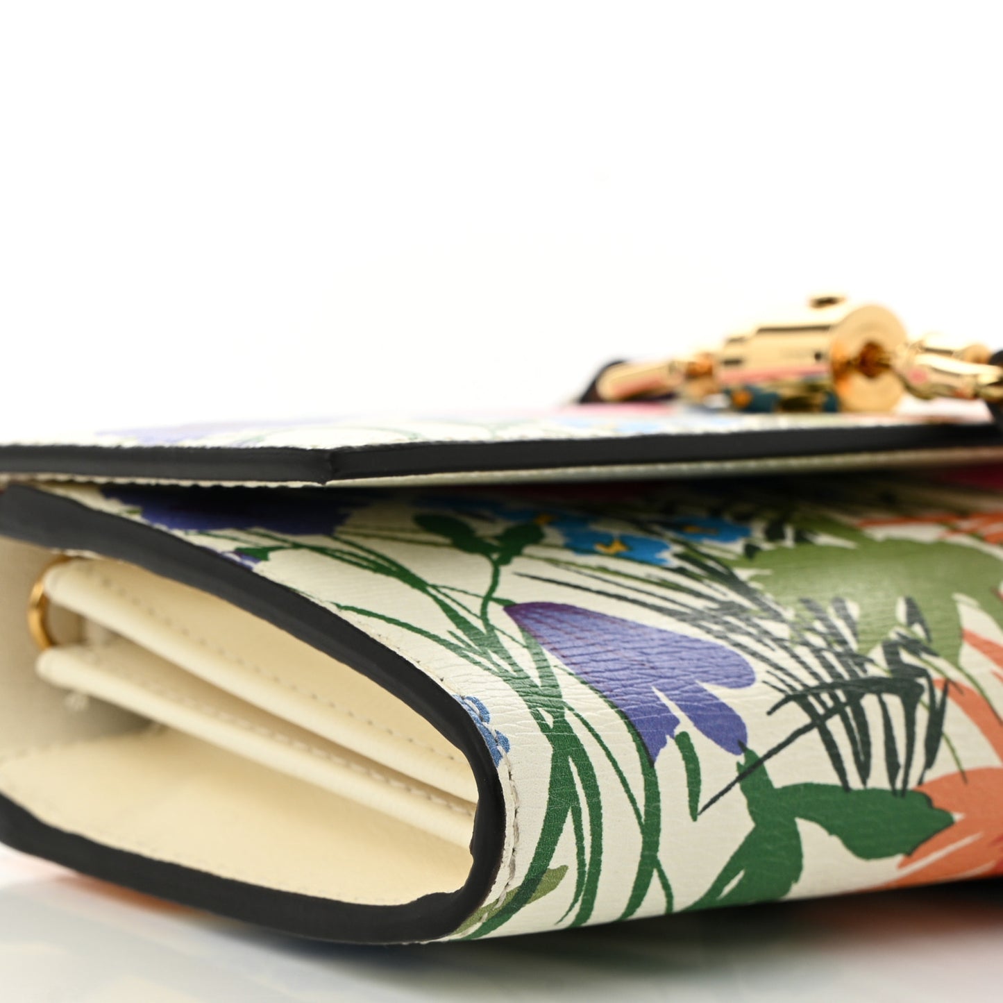 X KEN SCOTT New Shangai Calfskin Jardin D'Avril Floral Print Jackie 1961 Chain Wallet Ivory Pink