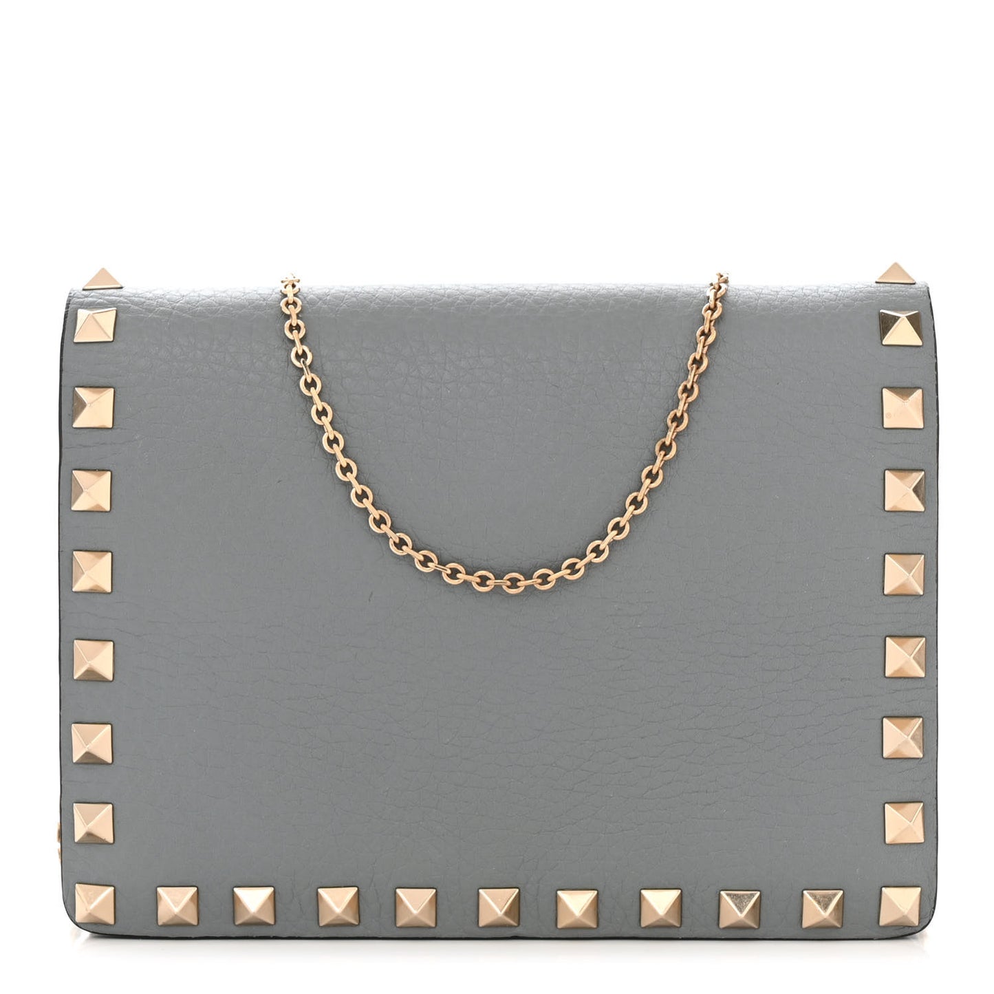 Pebbled Calfskin Rockstud Wallet on Chain Pastel Grey