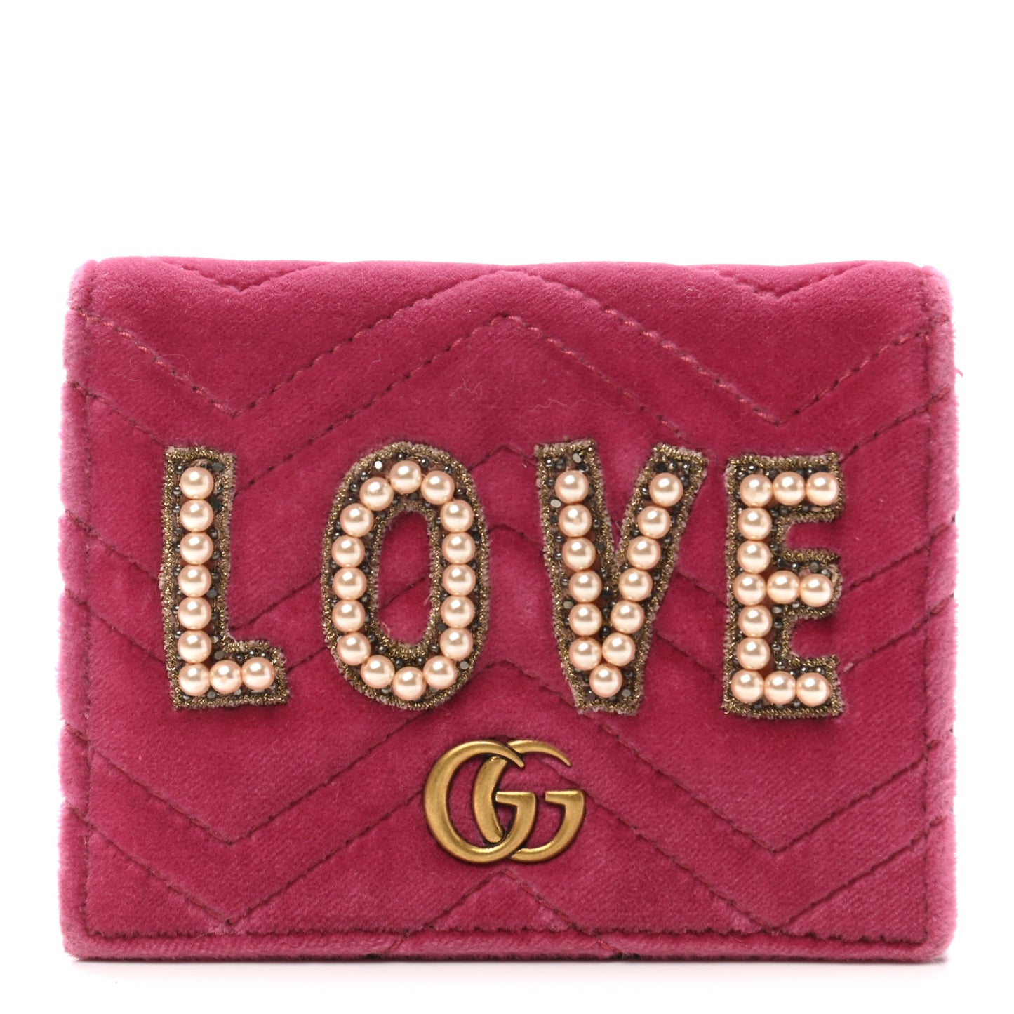 Velvet Matelasse Pearl Love Embroidered GG Marmont Card Case Wallet Light Raspberry Rose