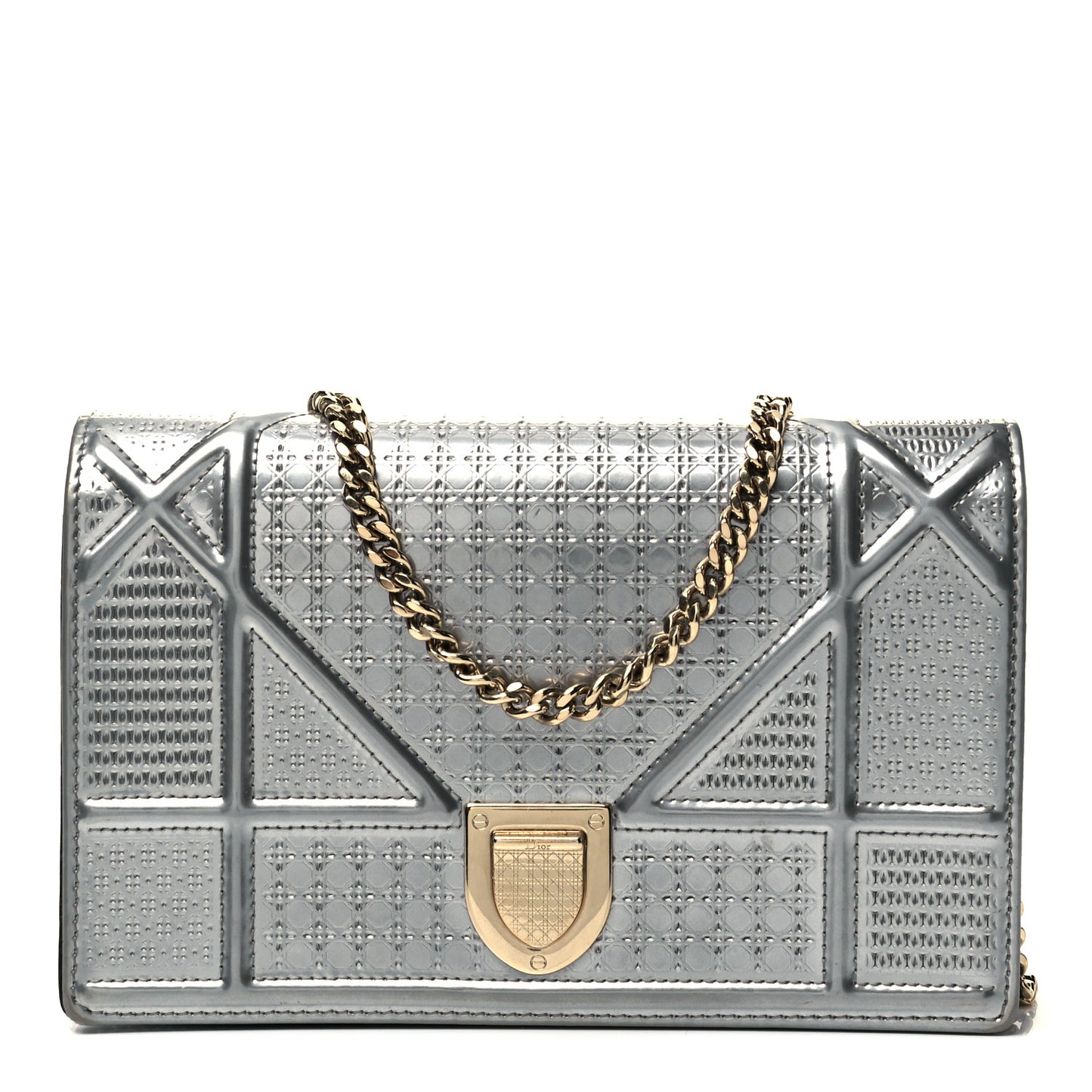 Metallic Patent Micro-Cannage Diorama Wallet on Chain Pouch Silver