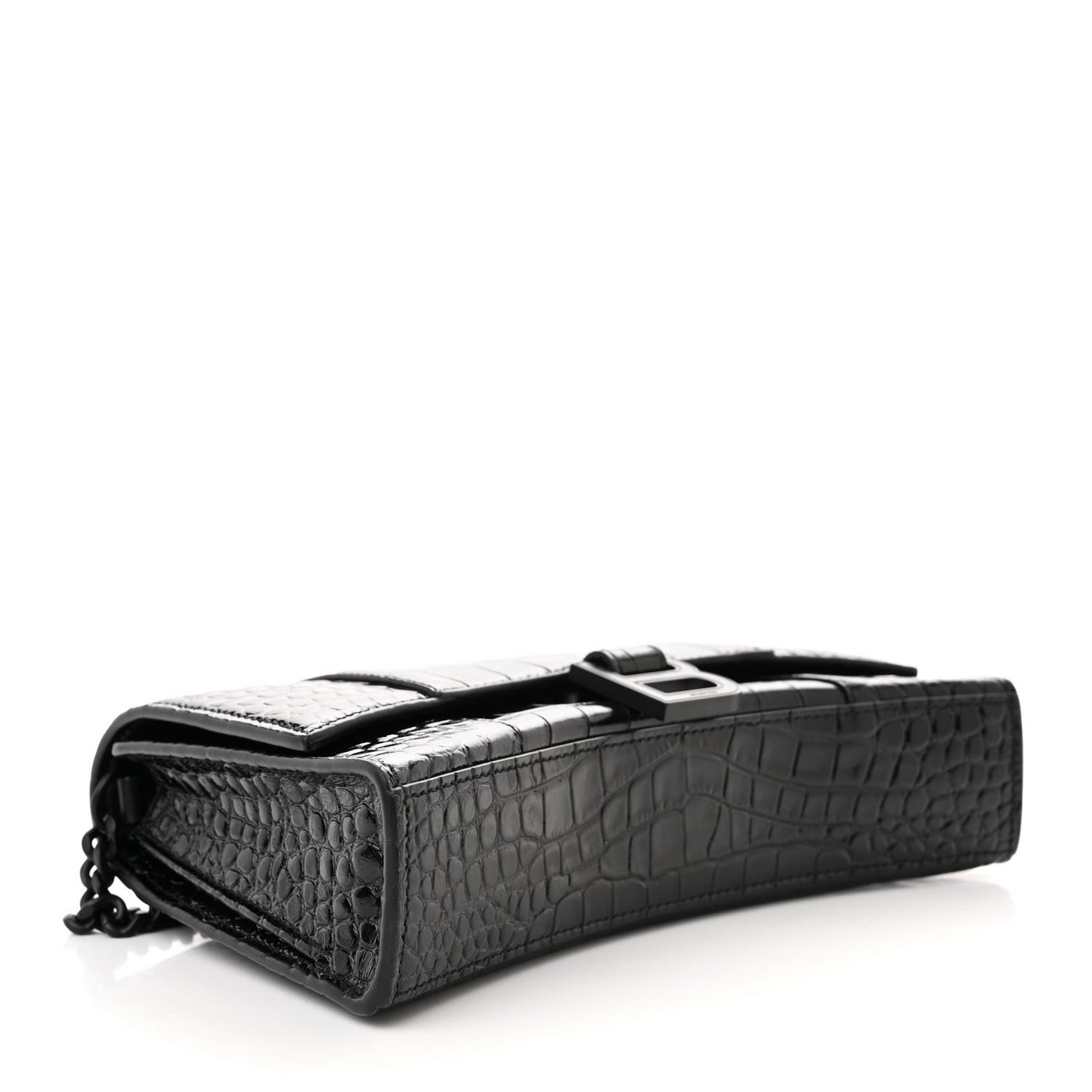 Shiny Calfskin Monochrome Crocodile Embossed Small Hourglass Evening Chain Bag Black