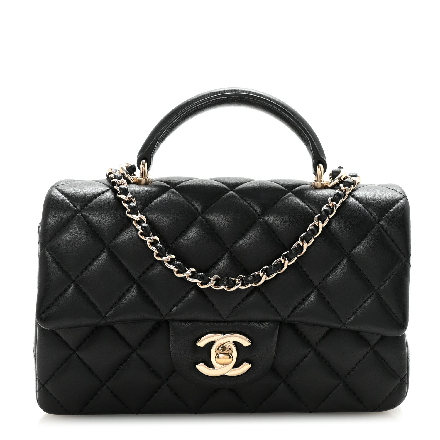 Chanel Lambskin Quilted Mini Top Handle Rectangular Flap Black