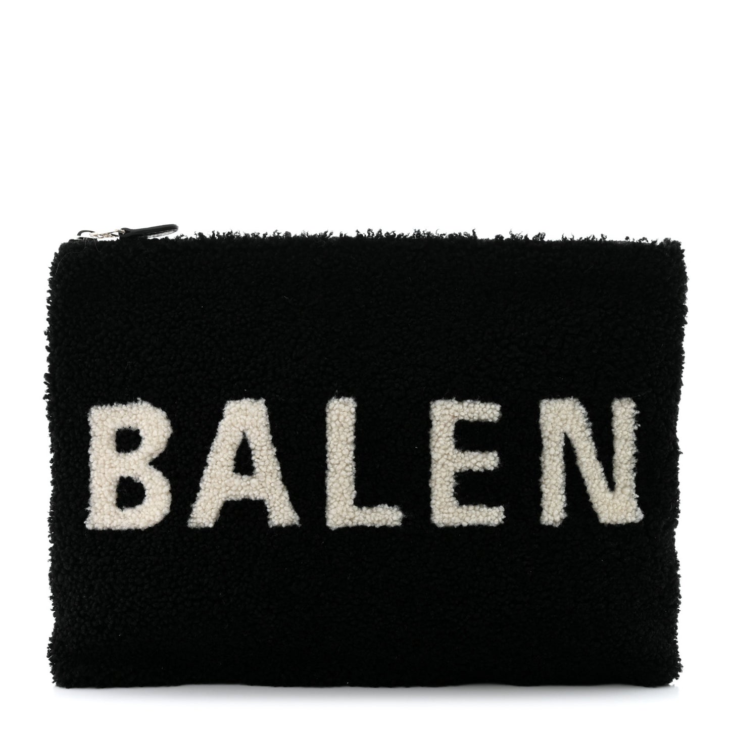 Sheepskin Shearling Contrasted Logo Large Zip Pouch Black
