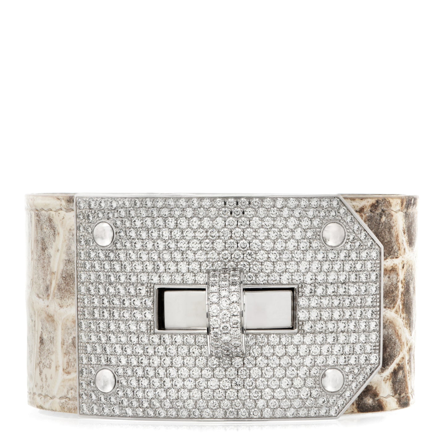 18K White Gold Diamond Matte Niloticus Crocodile Himalaya Kelly Bracelet Blanc SH
