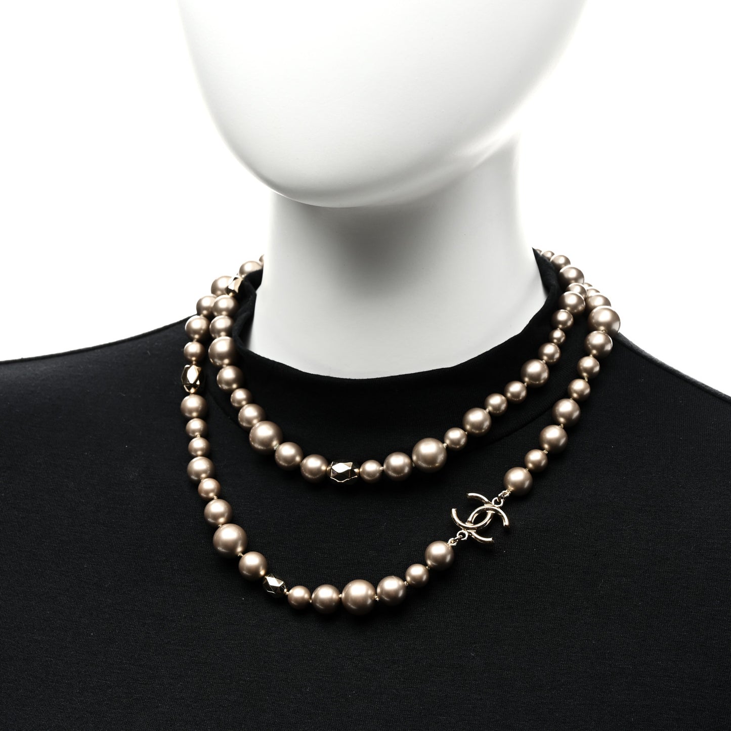 Resin Pearl Metal CC Long Necklace Golden Pearly Beige