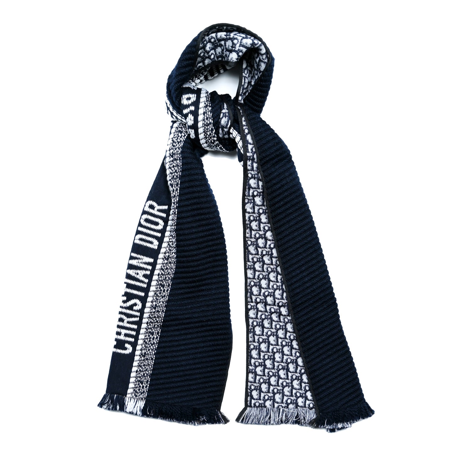 Wool Silk Oblique University Reversible Scarf Navy Blue