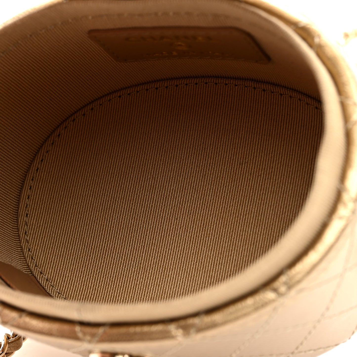 Metallic Lambskin Quilted Round Mini Vanity Case With Chain Gold