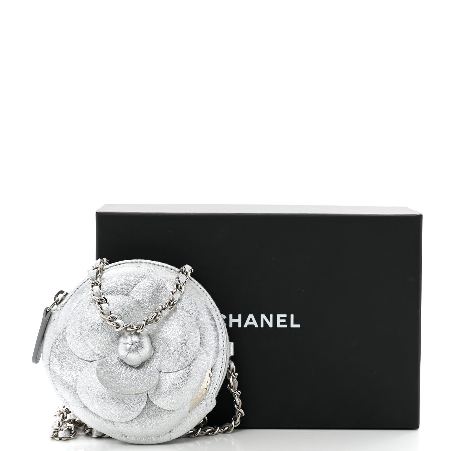 Metallic Lambskin Mini Camellia Bouquet Clutch With Chain Silver