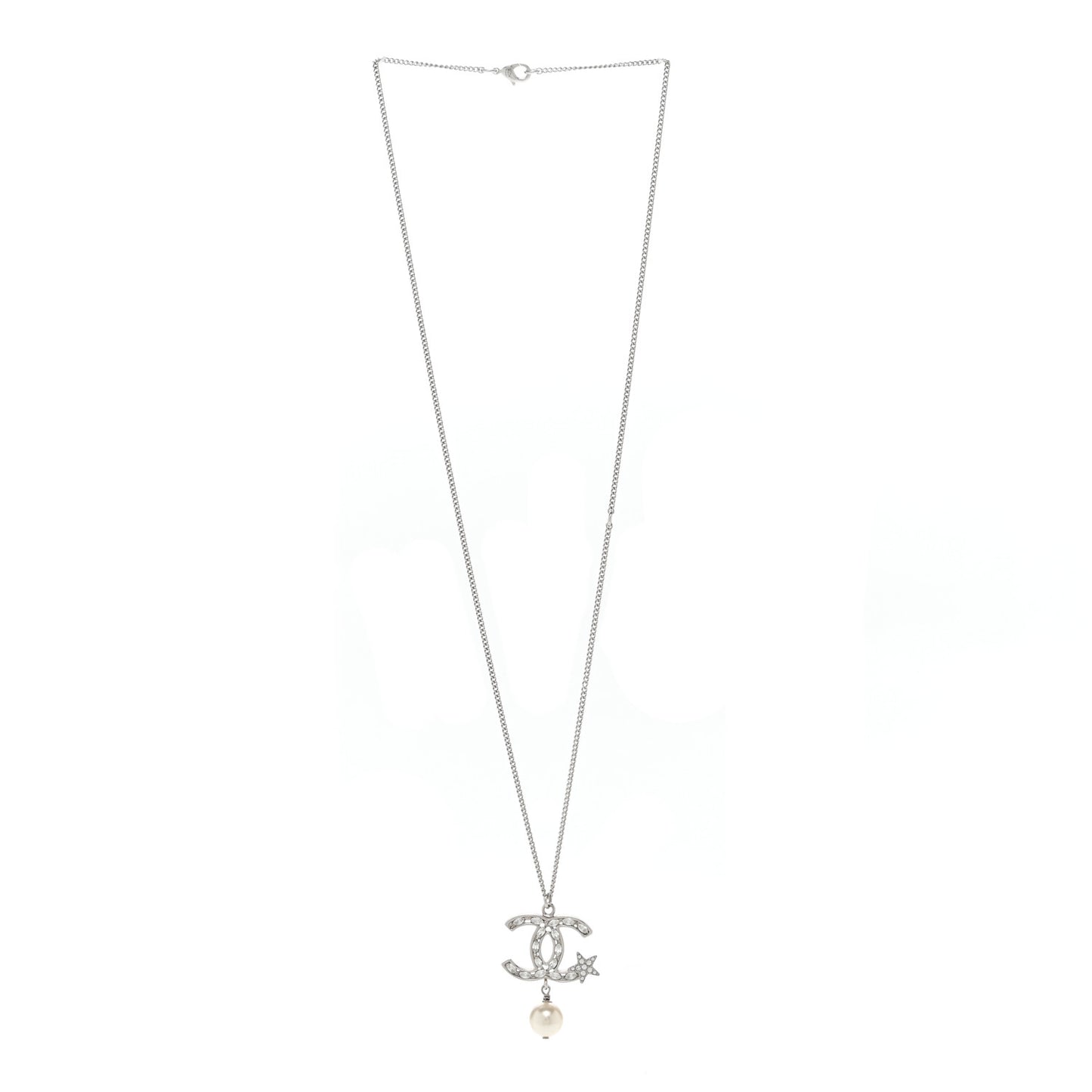 Crystal CC Star Pearl Drop Necklace Silver