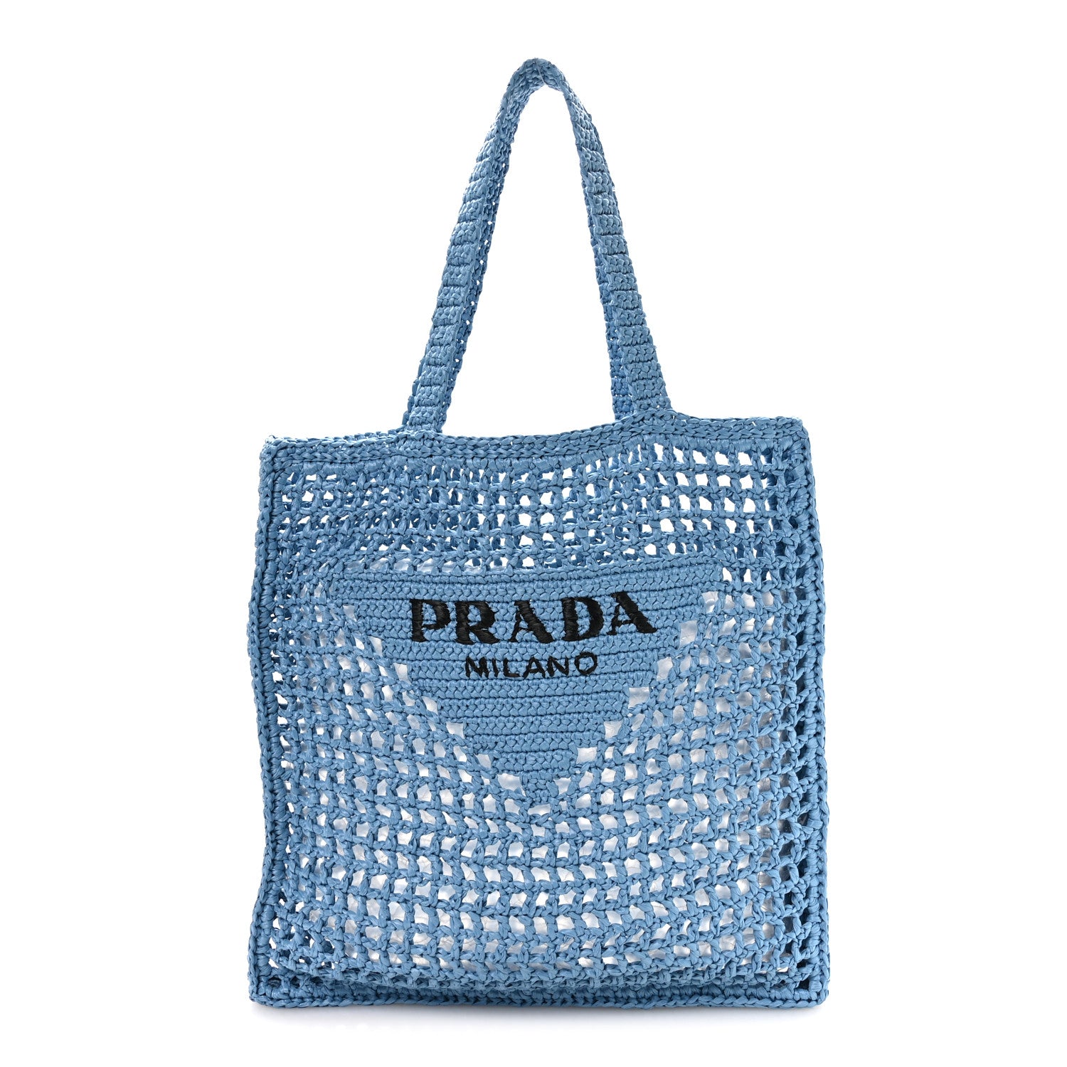 Prada Yarn Raffia Effect Crochet Logo Embroidered Tote Bag Celeste